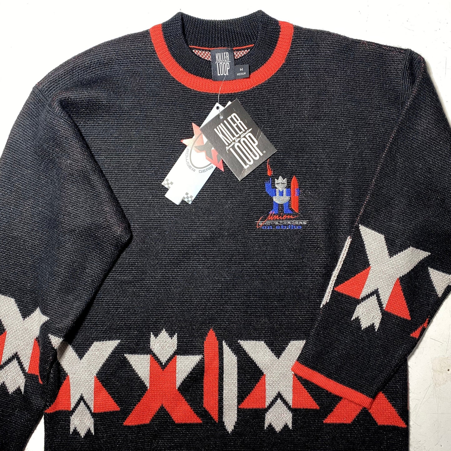 Killer Loop nos hip oversize fit black sweater with white/red Navajo/ geometrical motifs, 90s NWT