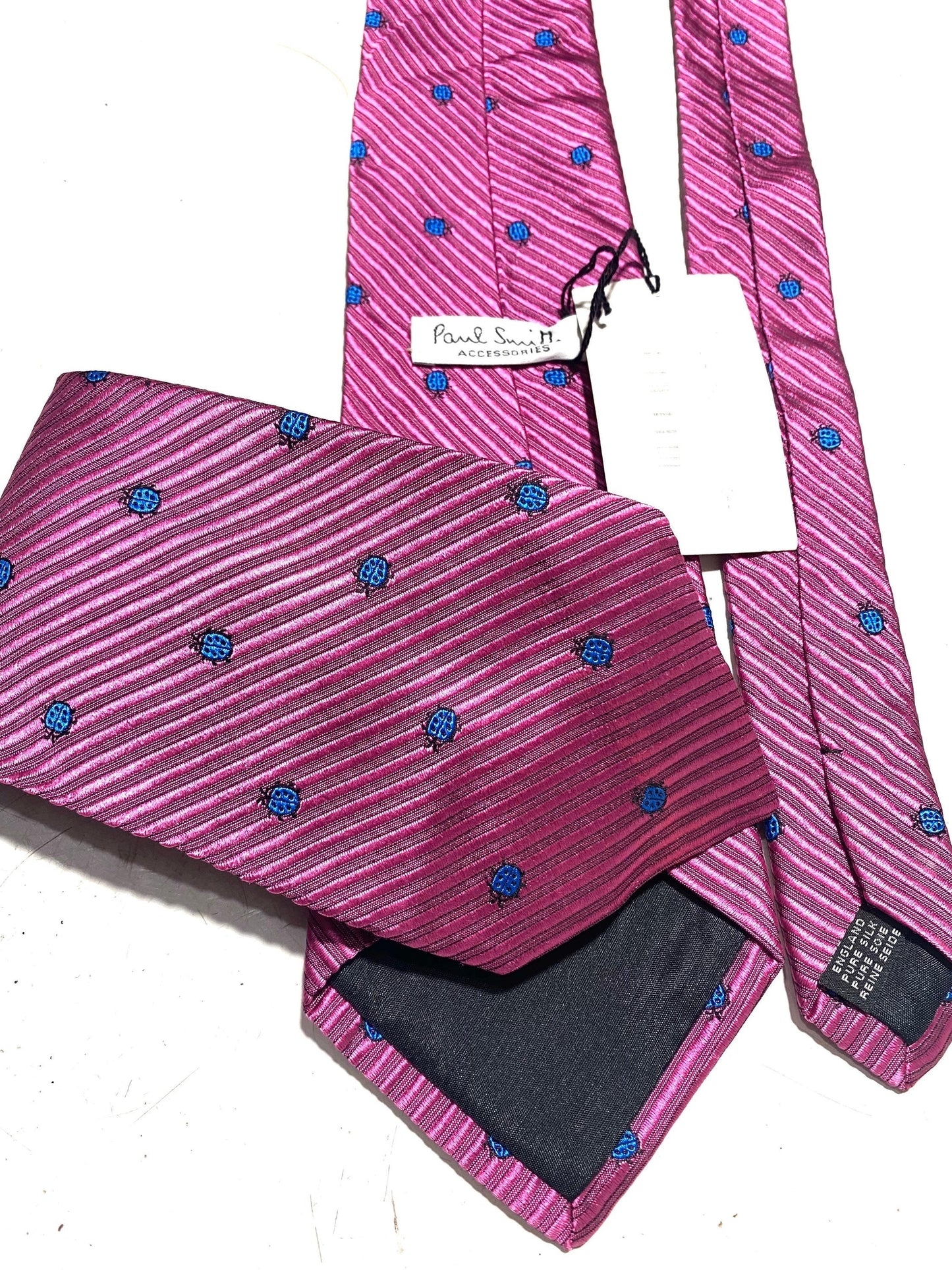 Paul Smith pink silk ties with blue ladybugs allover, NOS 90s, 2 pcs twins