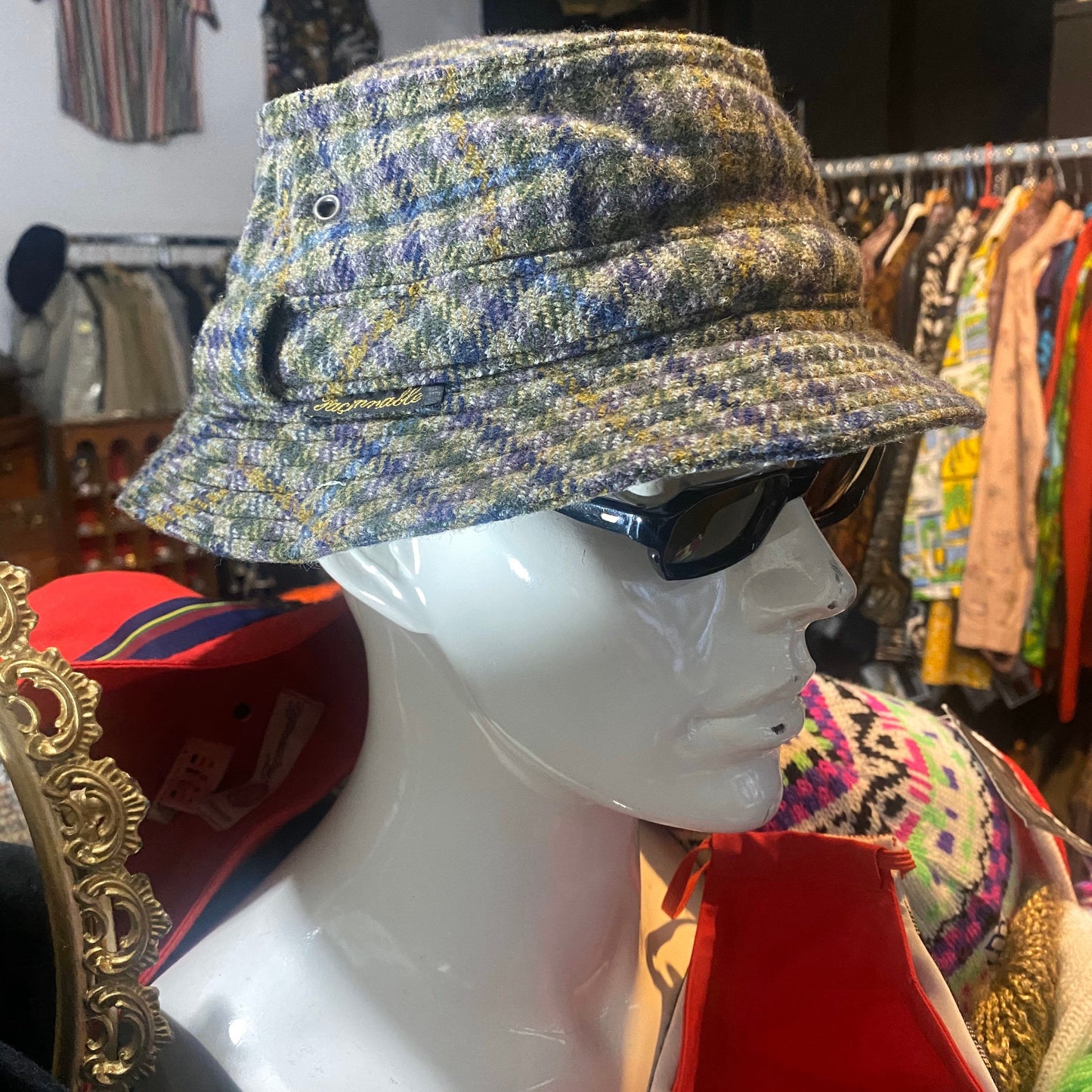 Façonnable tartan wool bucket hats, sporty chic style, new and unworn 80s deadstock.