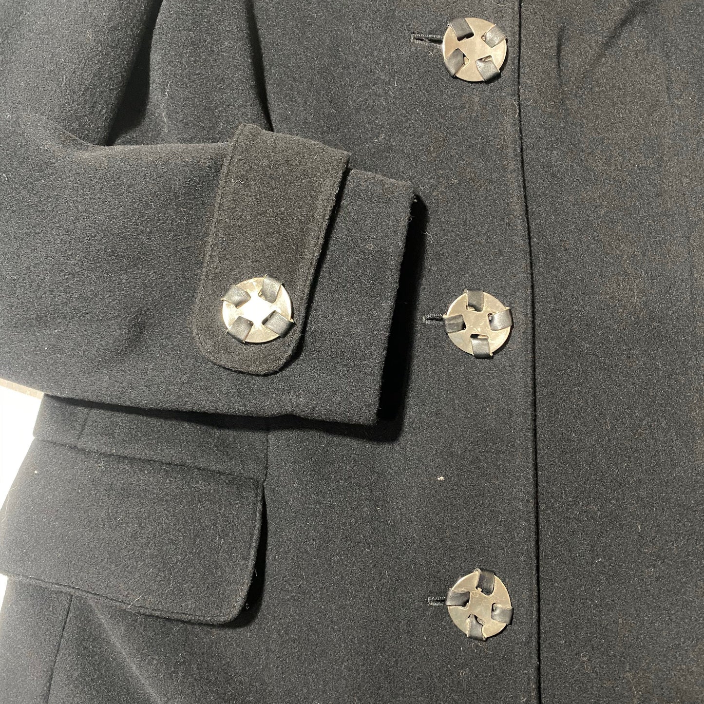 Krizia Poi vintage ladies black wool/cashmere blend coat with jewel buttons, mint condition