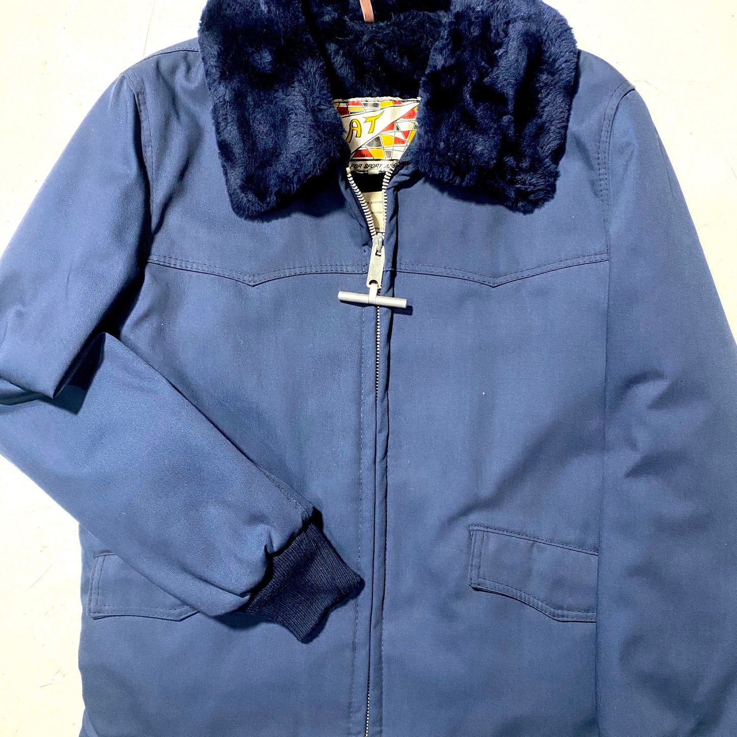 NAT Sports & Work 1970s NOS blue hunter / cop style jacket with navy faux fur lining, mint condition