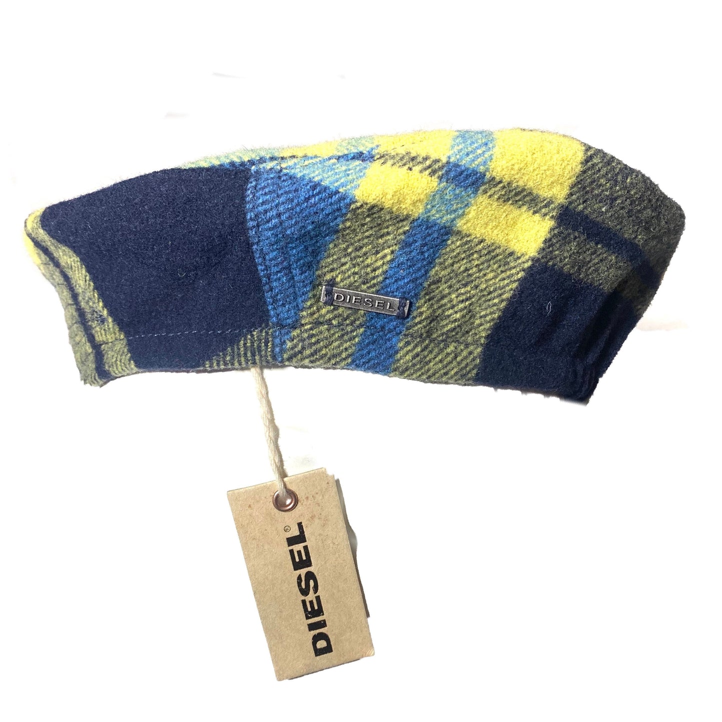 Diesel military style yellow/blue plaid wool beret / hat made in Italy, 90s NOS, 2 available