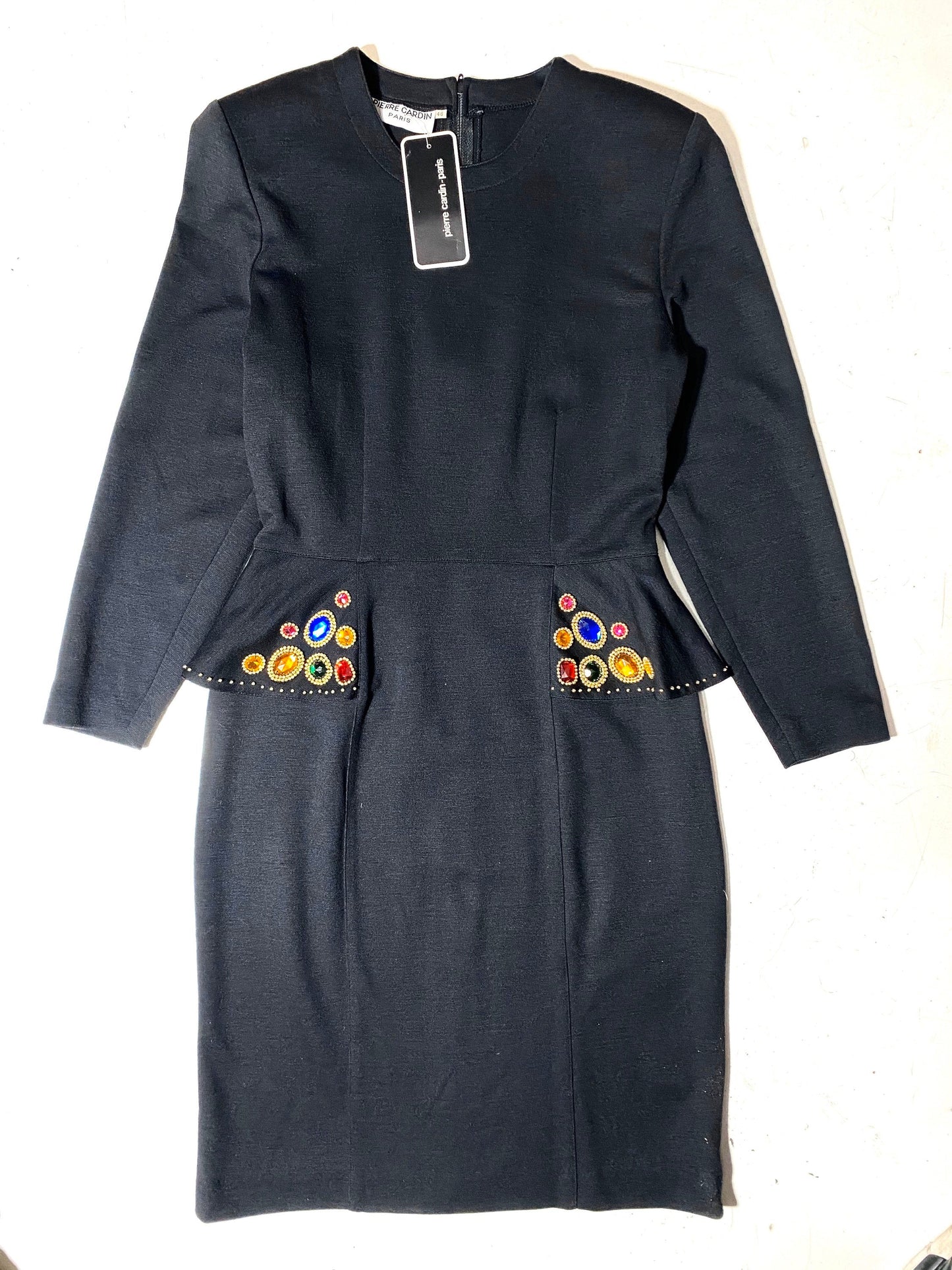 Pierre Cardin 80s NOS couture black embroidered dress made in France, with tags sz 46