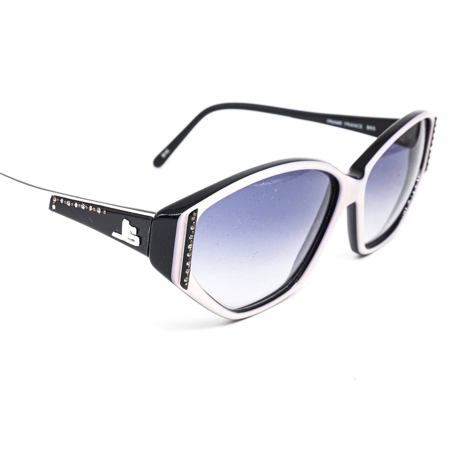 Jean-Louis Scherrer Paris cat eye sunglasses in black and white acetate enriched with rhinestones. 90s NOS France