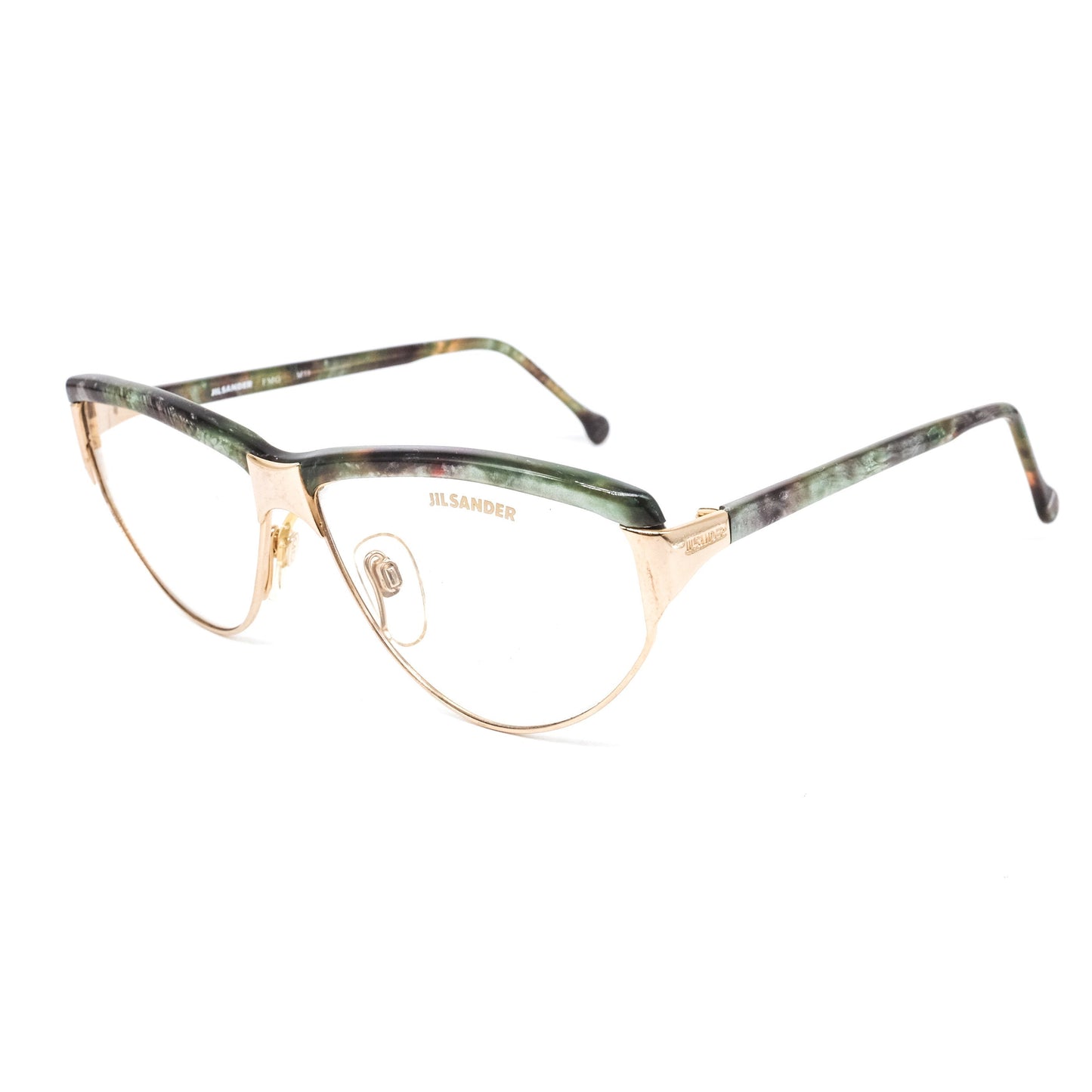 Jil Sander satin gold cateye eyeglasses frames with greenish tortoise browline and temples, Italy 80s NOS
