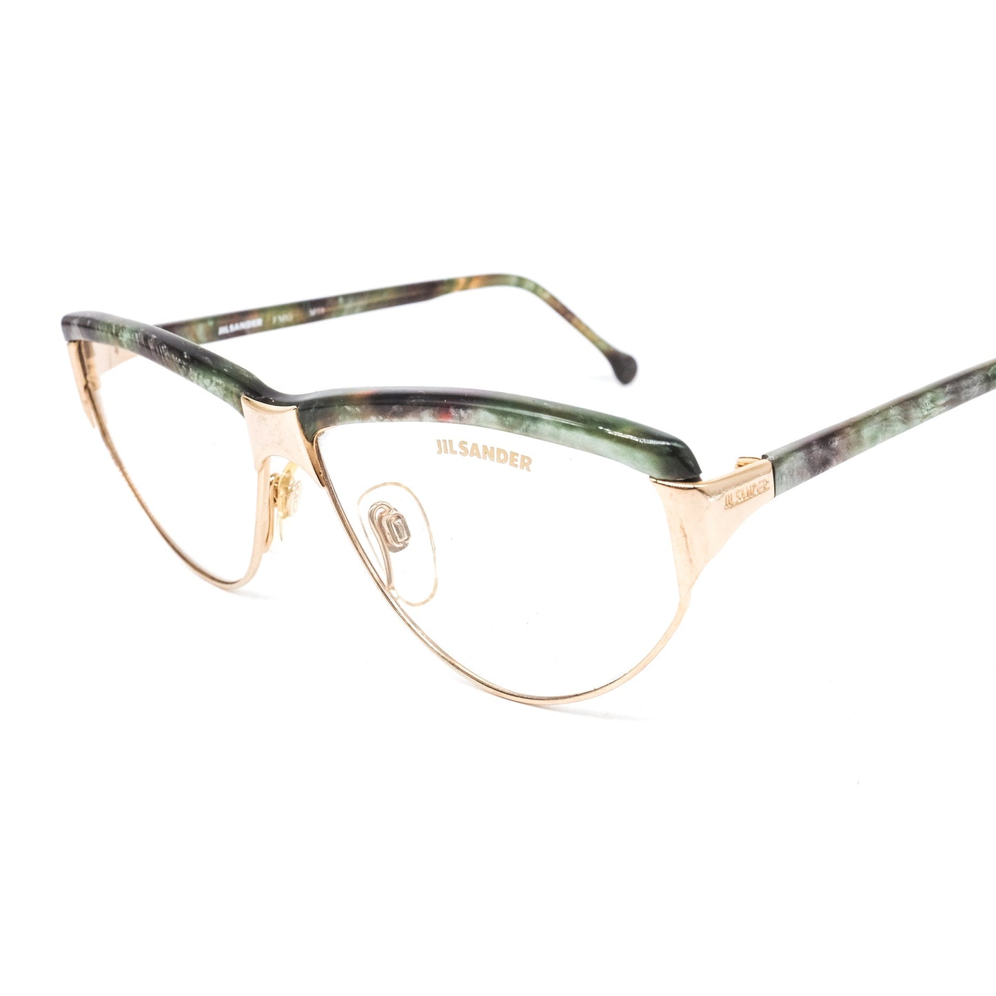 Jil Sander satin gold cateye eyeglasses frames with greenish tortoise browline and temples, Italy 80s NOS
