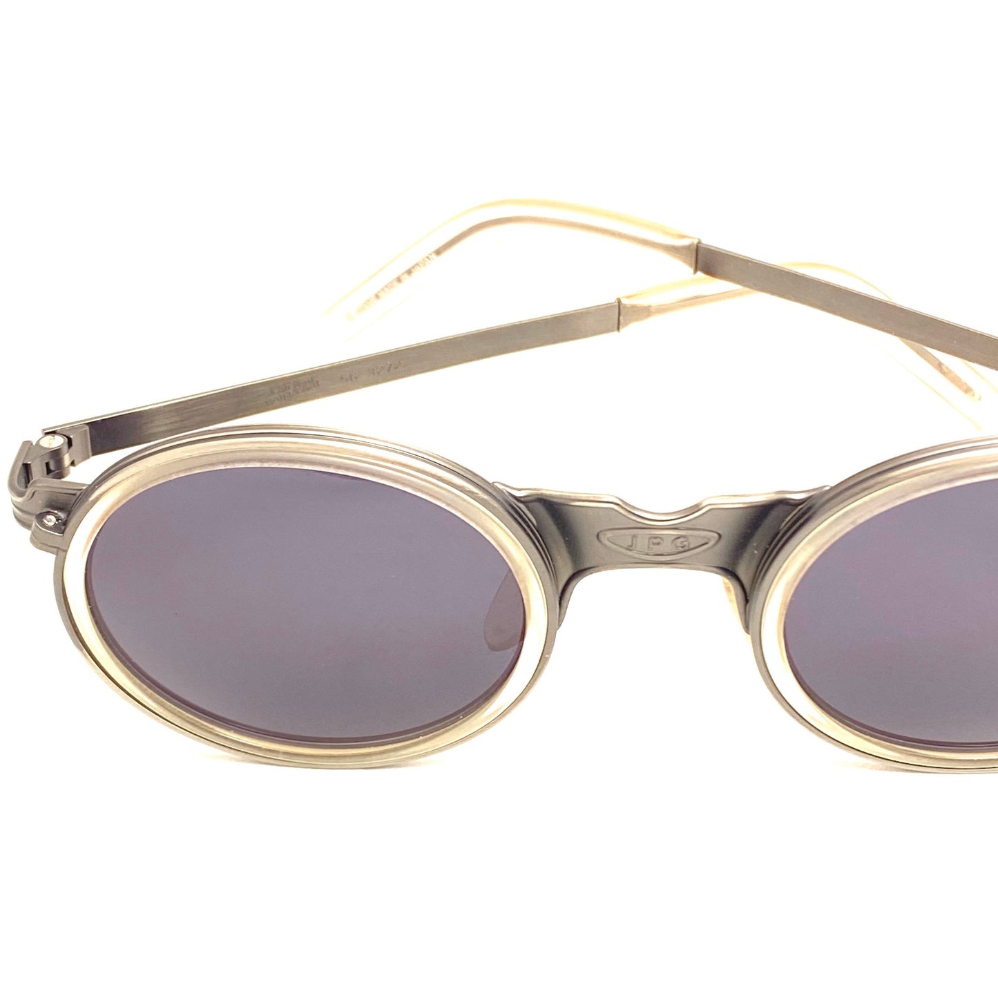Jean Paul Gaultier 56-3272 vintage round steampunk sunglasses, gunmetal with clear rims, new old stock 90s mint