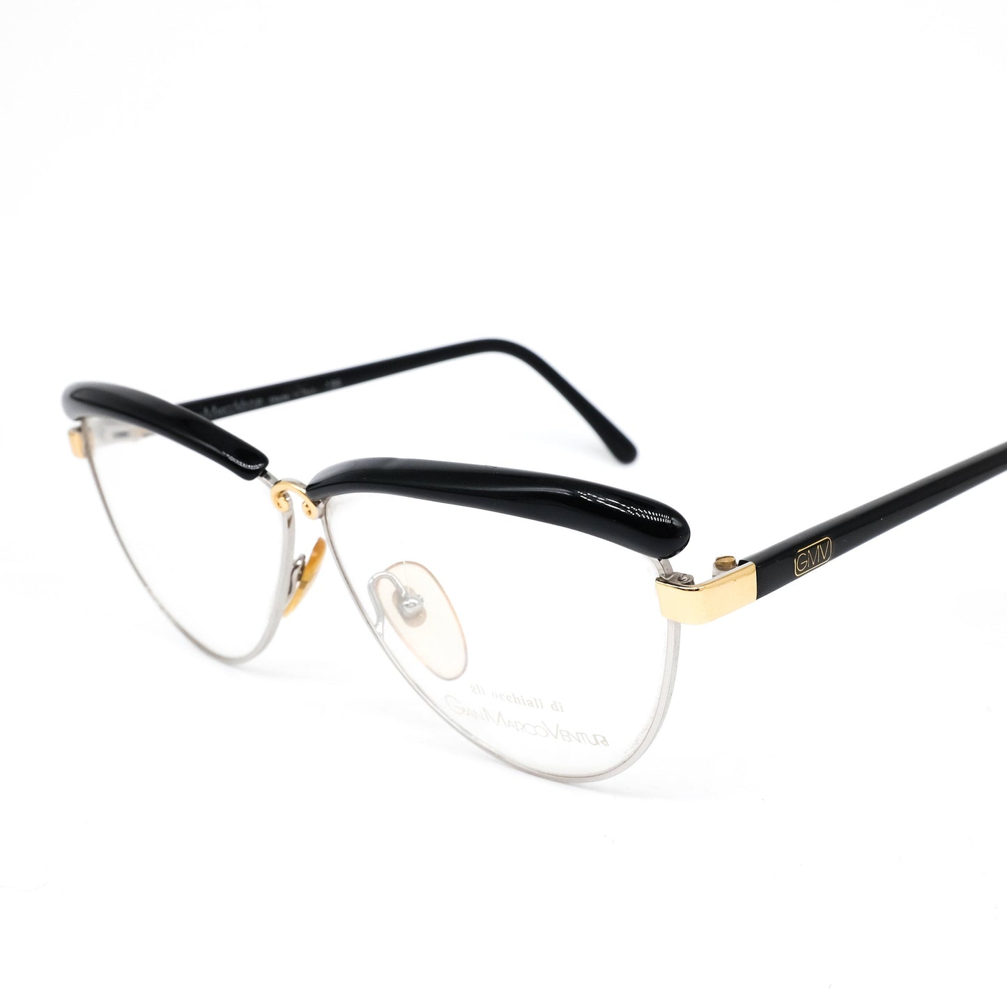 Gian Marco Venturi 018 013 silver metallic cateye eyeglasses with gold and black details, NOS 1990s Italy