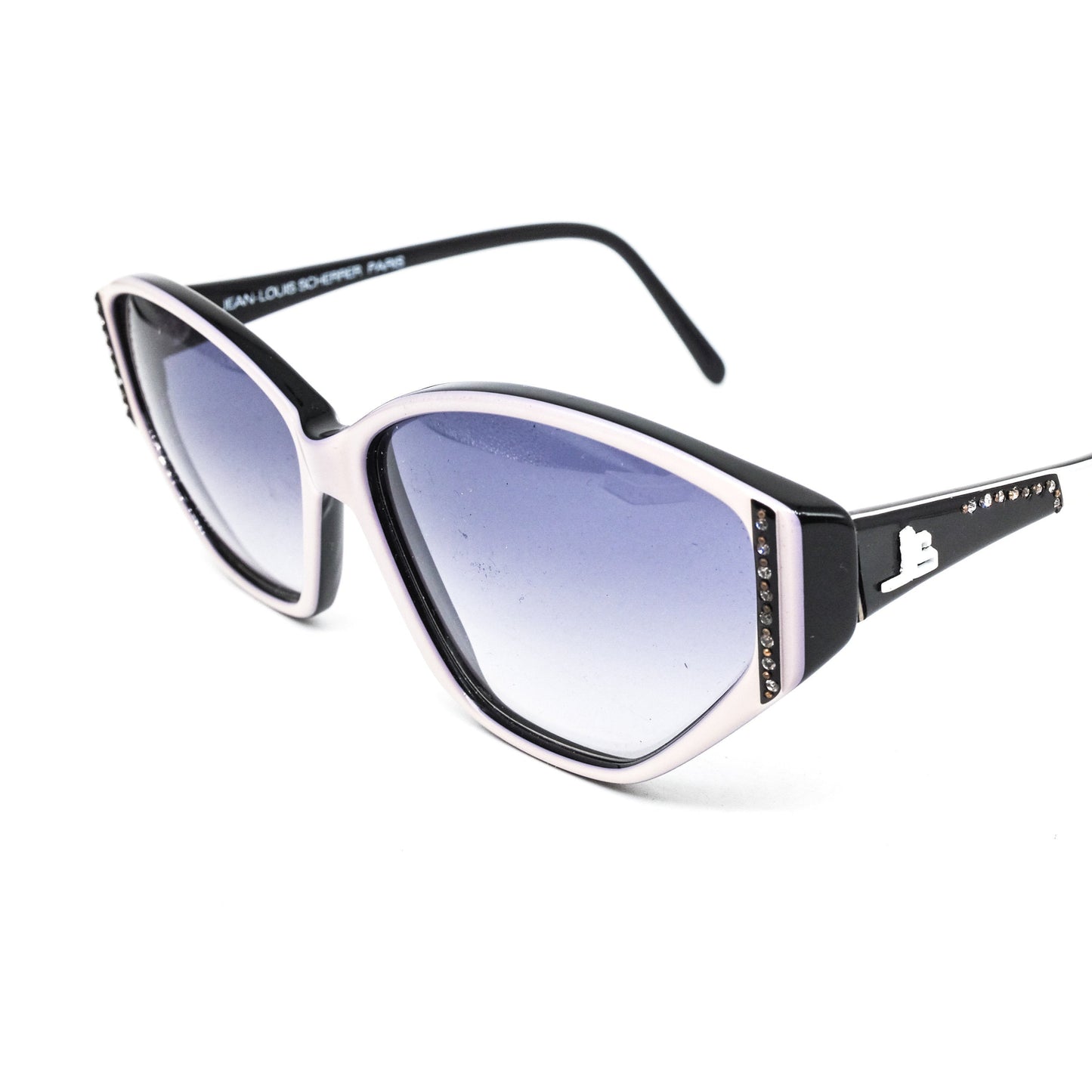 Jean-Louis Scherrer Paris cat eye sunglasses in black and white acetate enriched with rhinestones. 90s NOS France