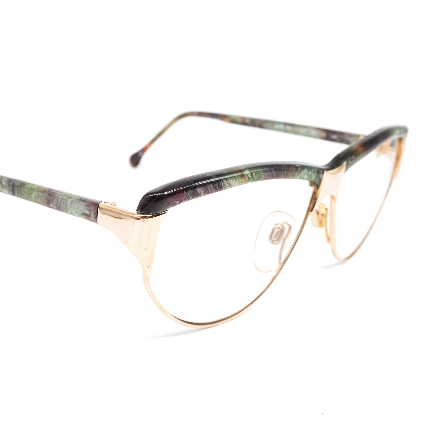 Jil Sander satin gold cateye eyeglasses frames with greenish tortoise browline and temples, Italy 80s NOS