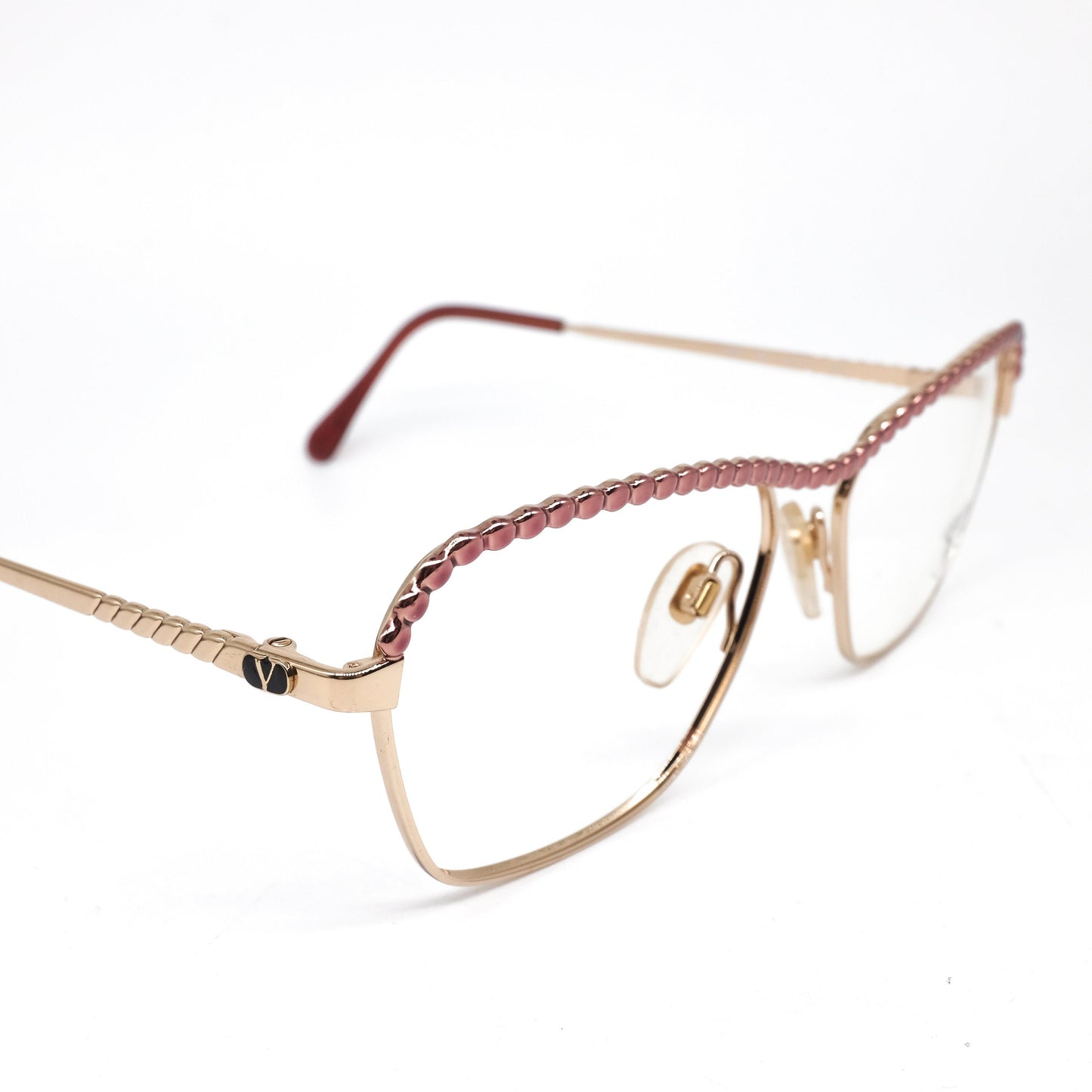 Valentino V375 golden metallic square eyeglasses frames with purple browline. NOS 90s Italy
