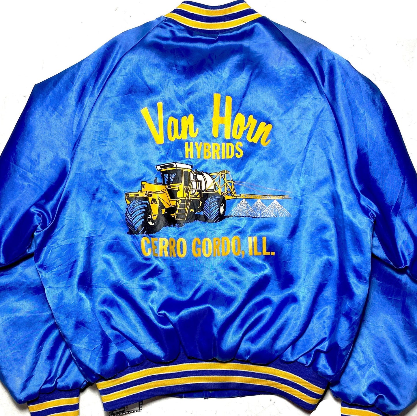 King Louie collectible blue satin varsity jacket big Van Horn Hybrids Illinois print on the back, mint sz L