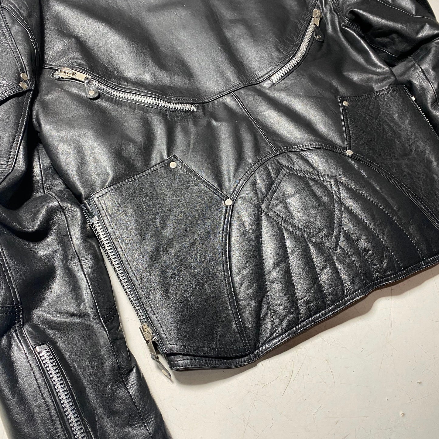One of a kind Fetish black leather biker jacket full of zippers and incredibly detailed, 1980s Italy, mint