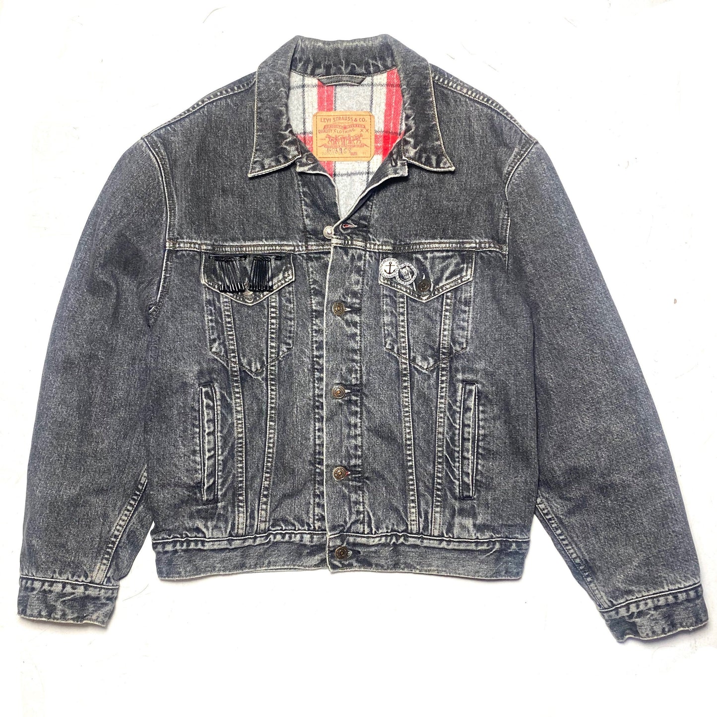 Levi’s 80s Customised grey acid wash trucker jacket with flannel lining sz L, great condition