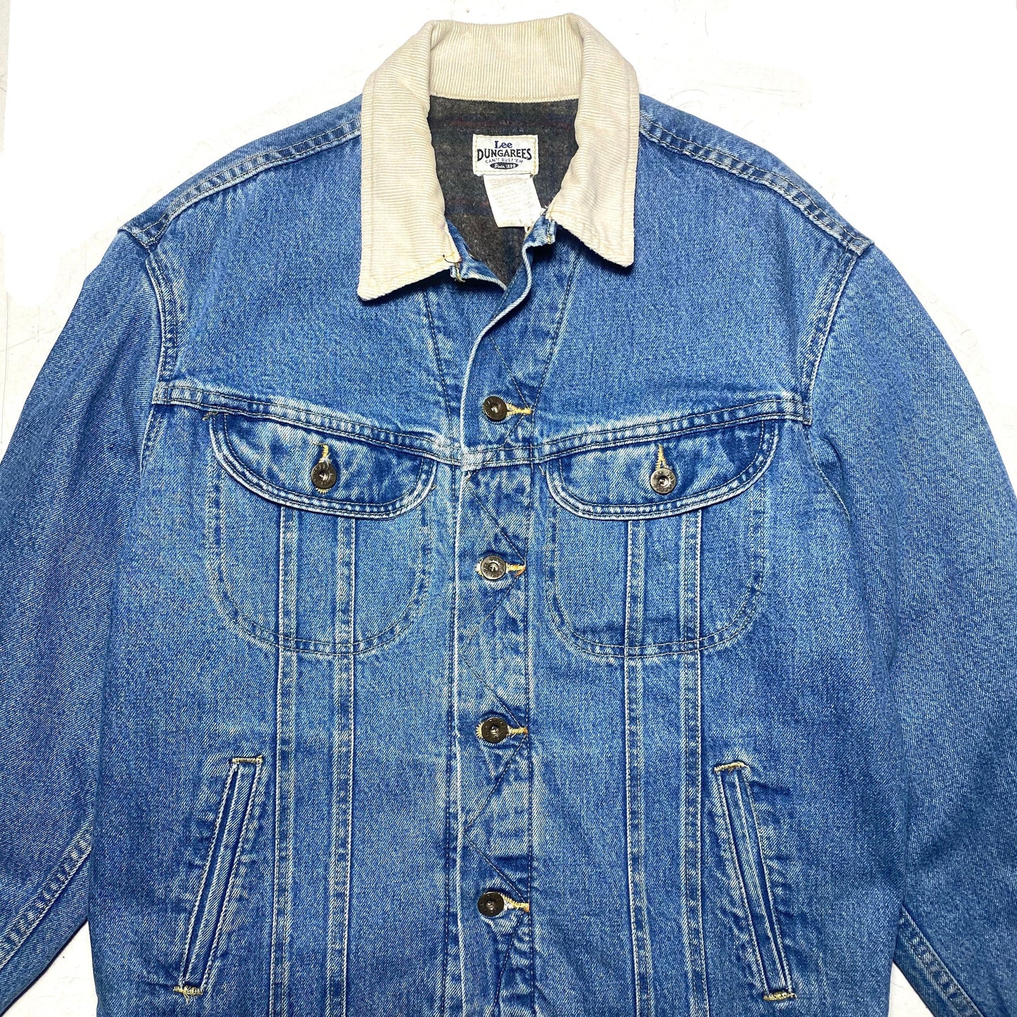 Lee Dungarees denim trucker with flannel plaid lining, 80s made in USA great condition
