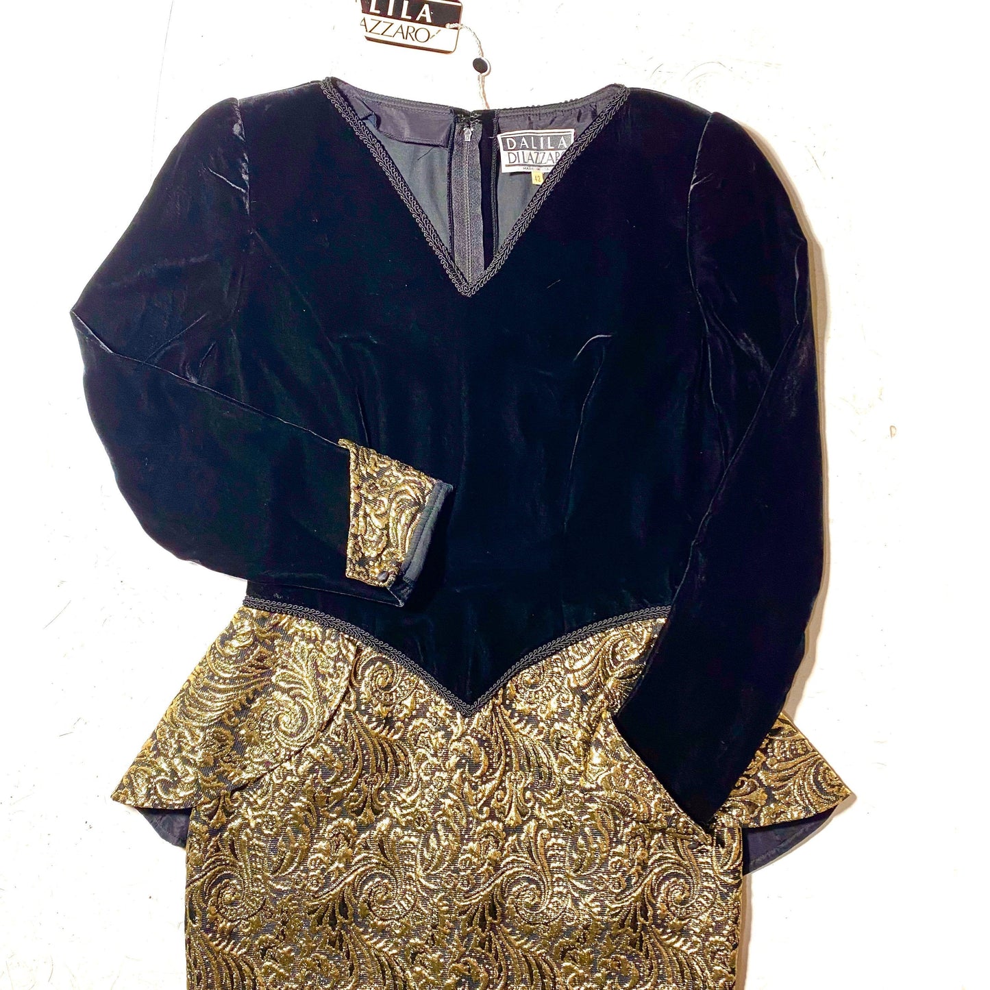 Dalila Dilazzaro NWT 80s black velvet / golden metal/wool broquade elegant evening dress, mint