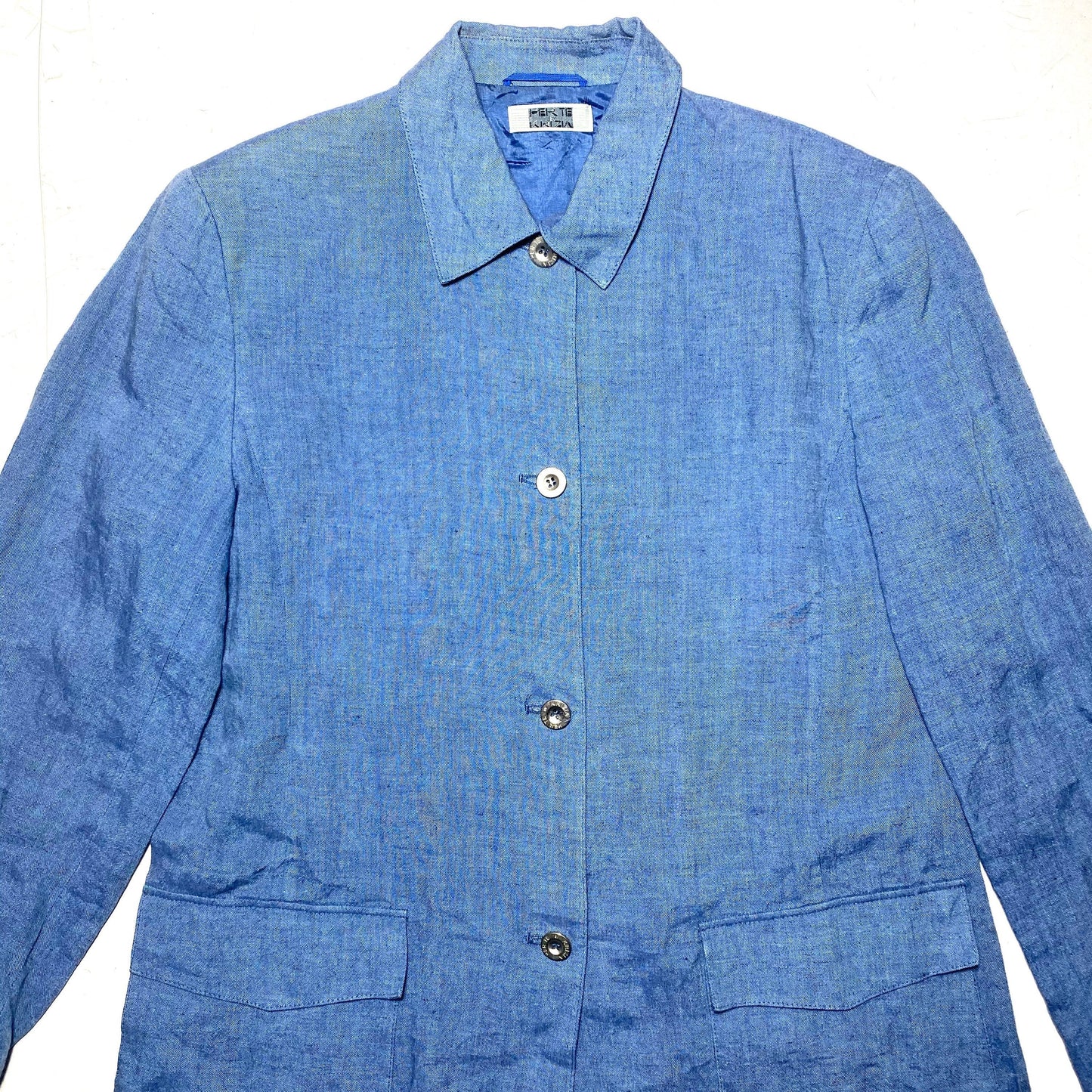 Krizia Per Te baby blue 100% linen Japanese workwear inspired jacket sz FR44 GB16