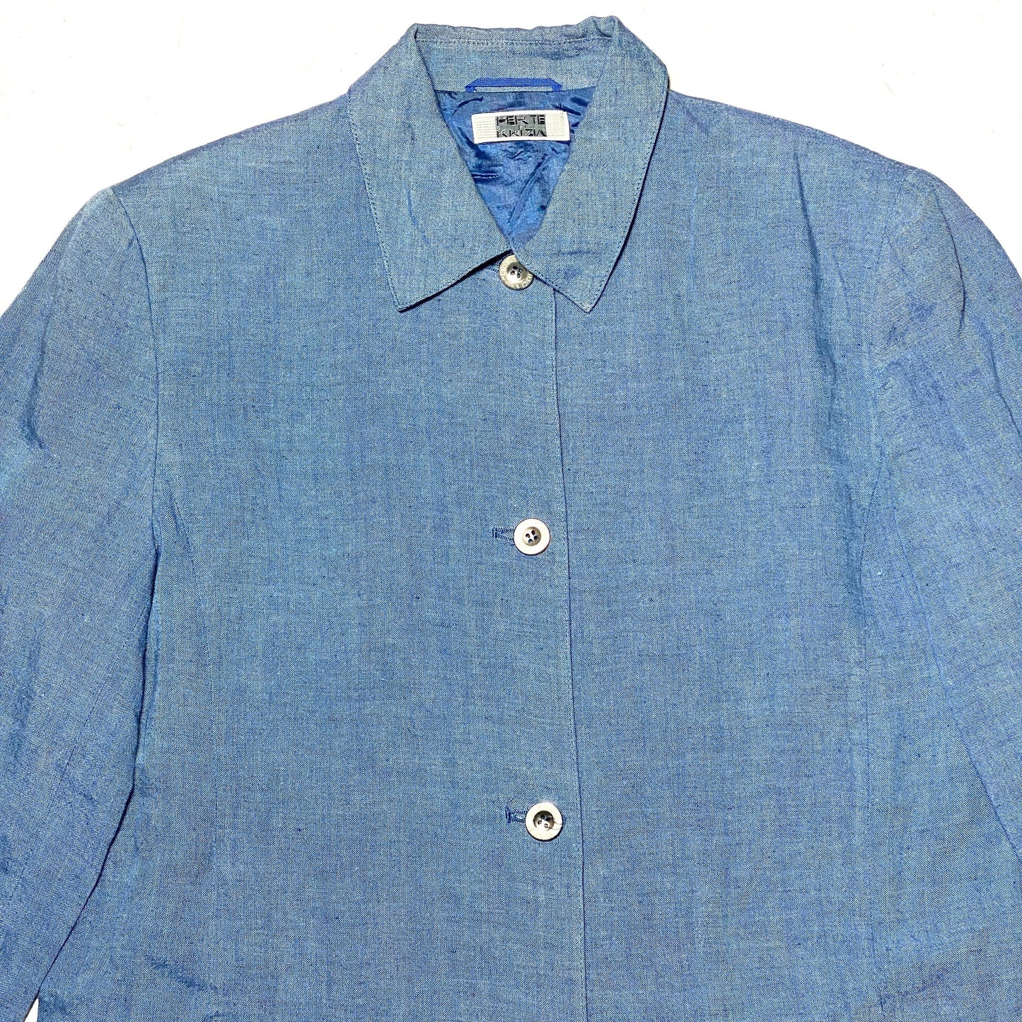 Krizia Per Te baby blue 100% linen Japanese workwear inspired jacket sz FR44 GB16