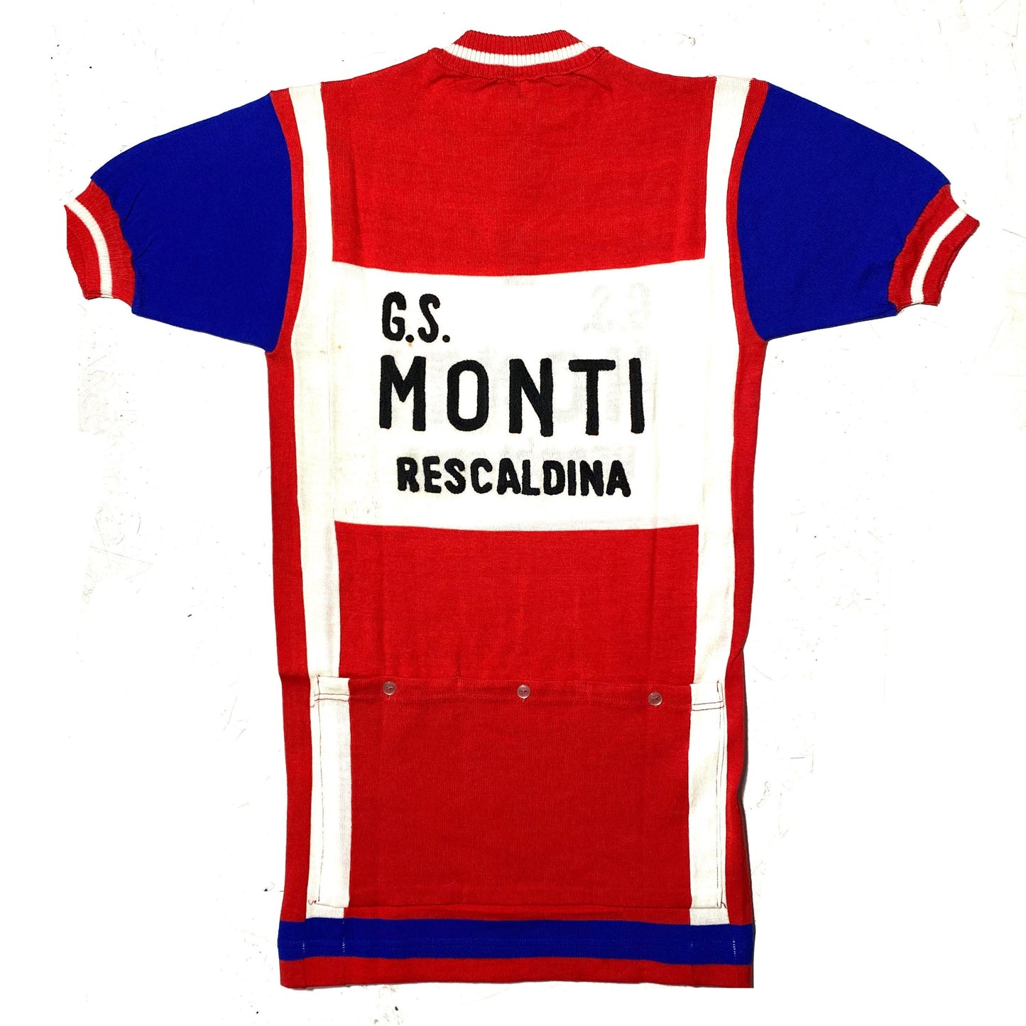 1970s Cycling Jersey GS Monti beautiful pattern blue/red/blue with appliqué lettering, mint
