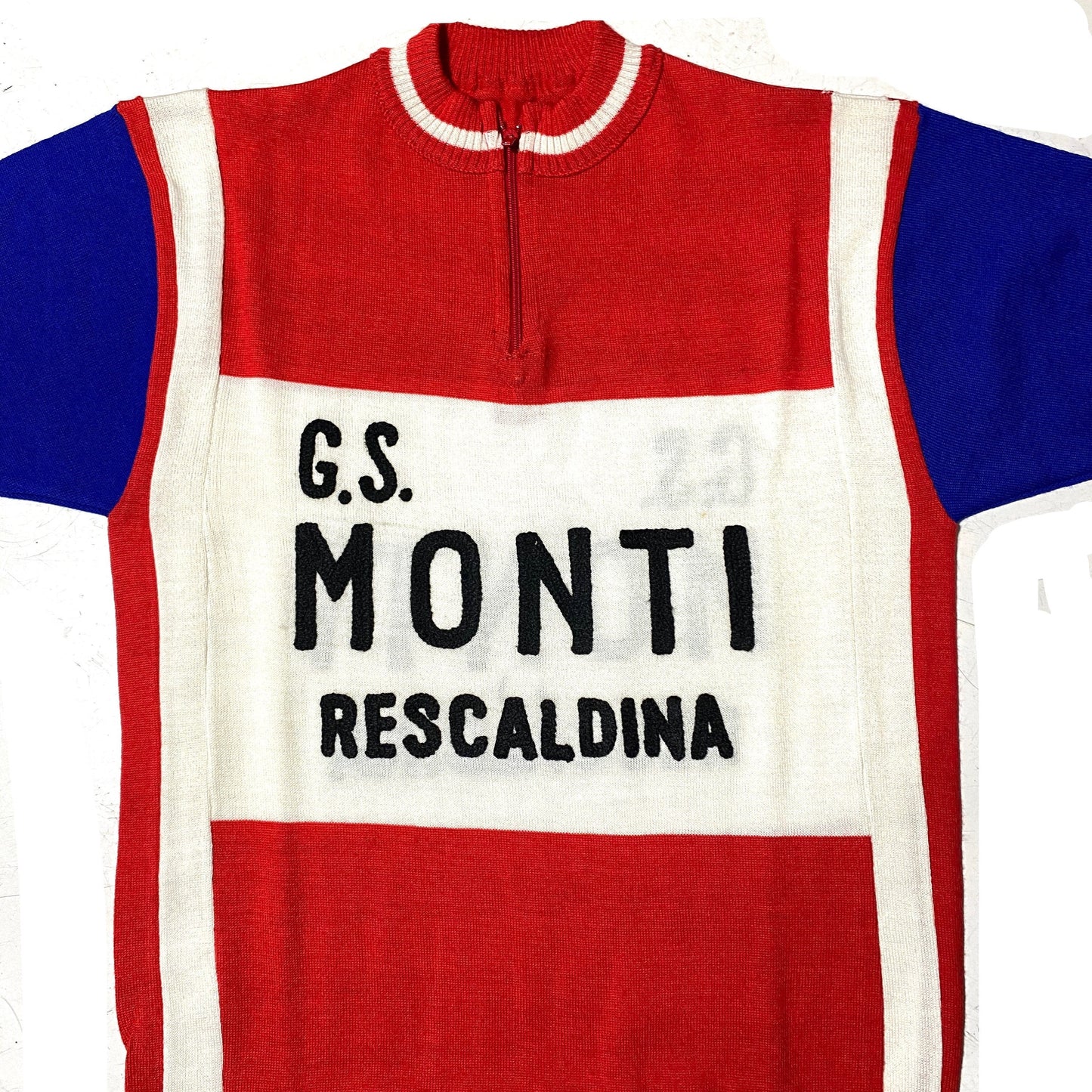 1970s Cycling Jersey GS Monti beautiful pattern blue/red/blue with appliqué lettering, mint