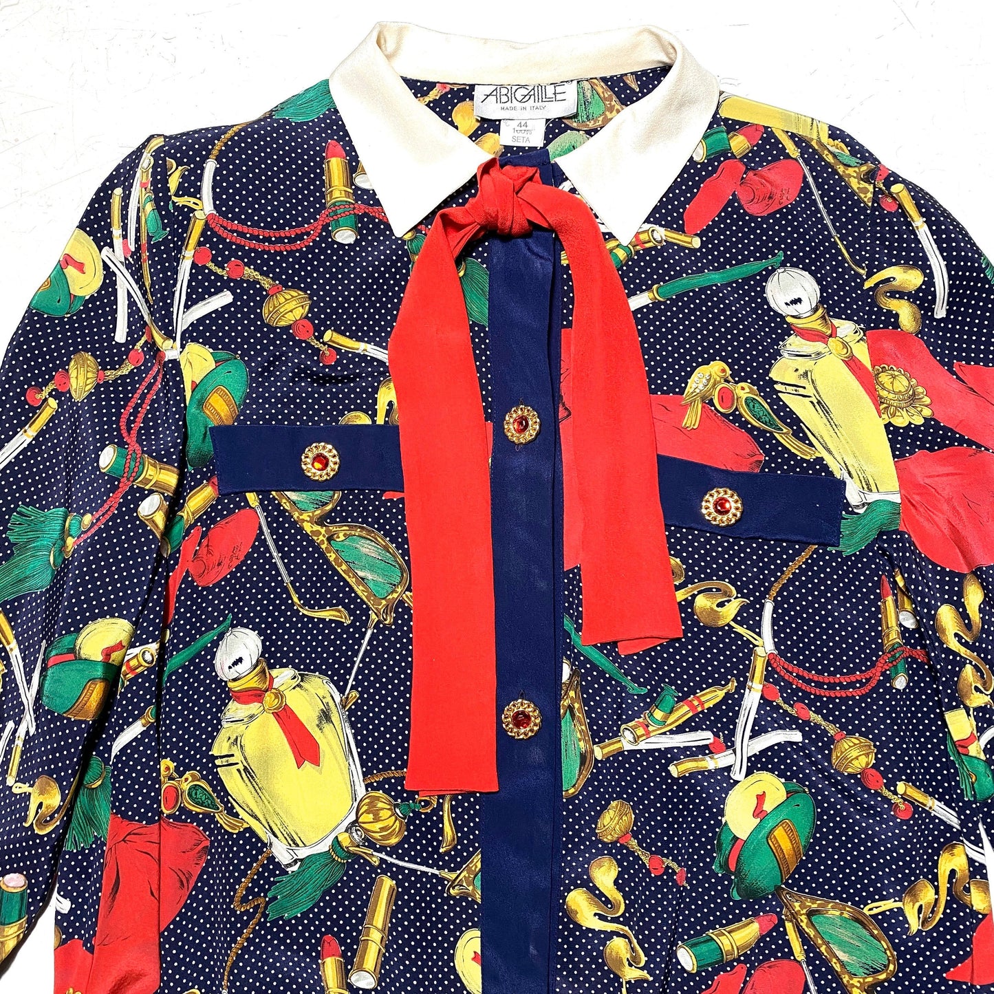 Abigaille NOS 80s pure silk baroque dress shirt, cigarettes & makeup over polka dot allover, super cool and minty.