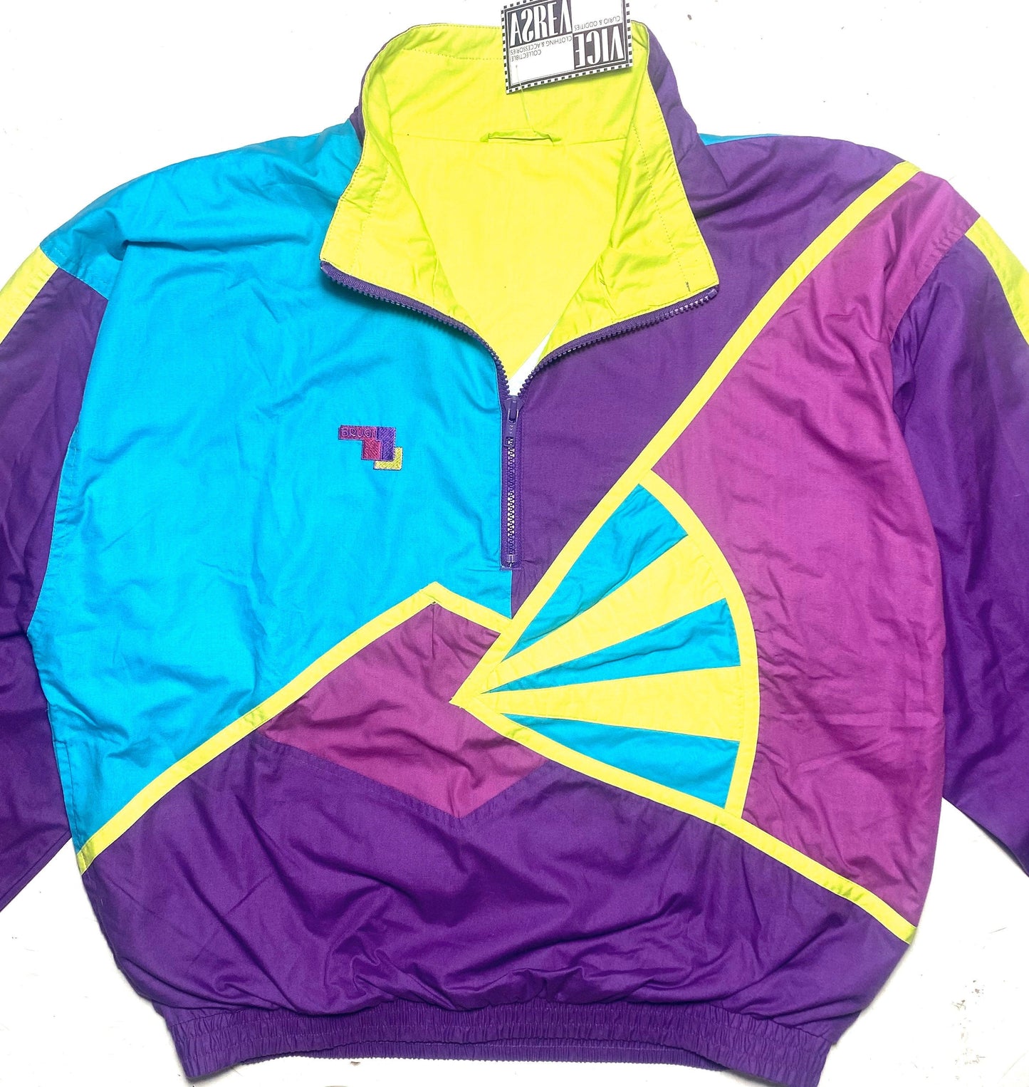Brugi 90s colorful cotton pullover windbreaker, purple / turquoise/ neon yellow geometrical pattern, new with tags