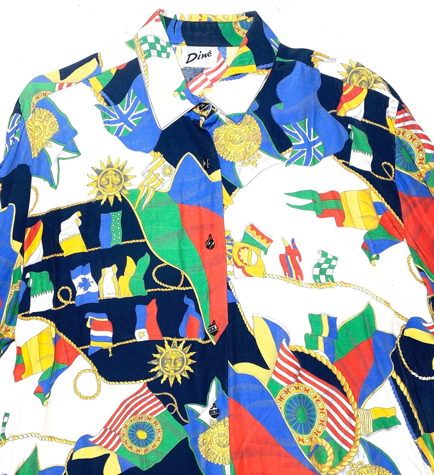 Max Dinè baroque shirt with nautical allover of flags, ropes & suns, sz 44, 1980s Italy great condition