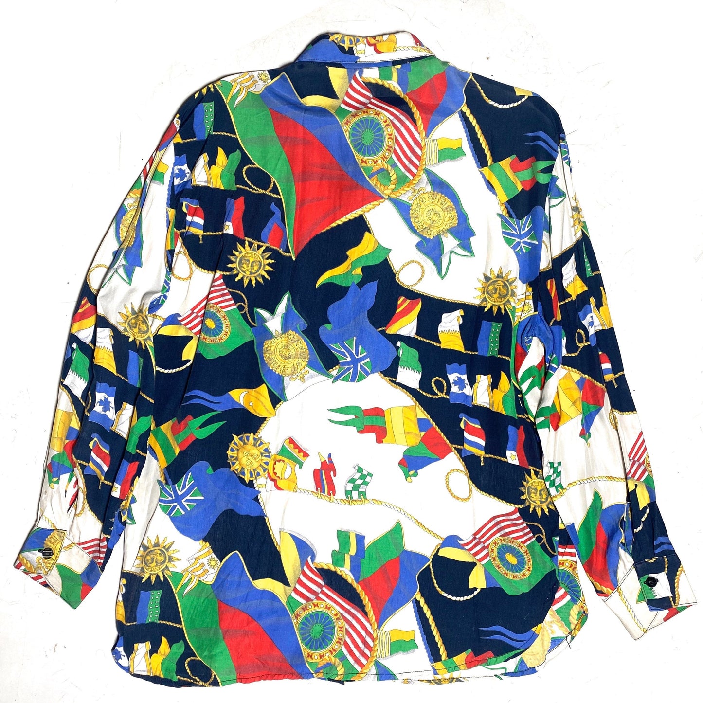 Max Dinè baroque shirt with nautical allover of flags, ropes & suns, sz 44, 1980s Italy great condition