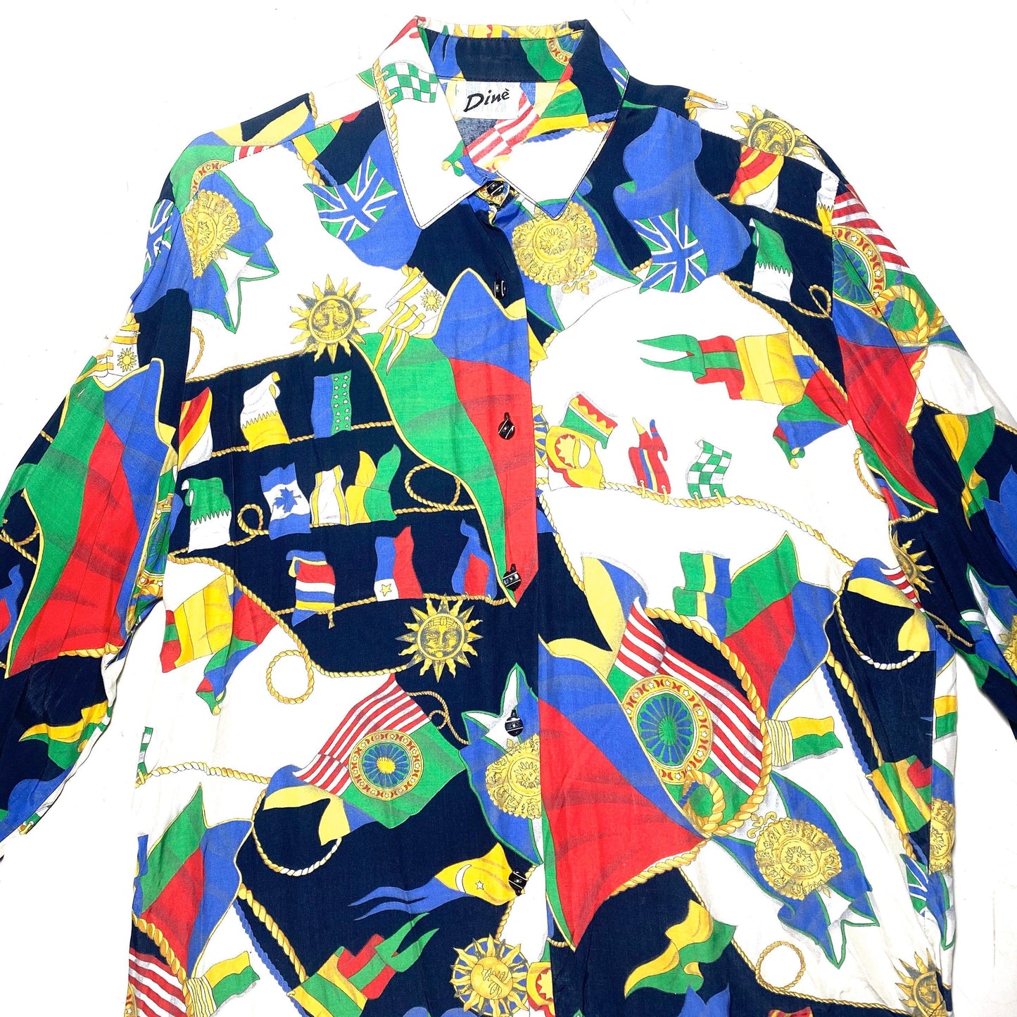 Max Dinè baroque shirt with nautical allover of flags, ropes & suns, sz 44, 1980s Italy great condition