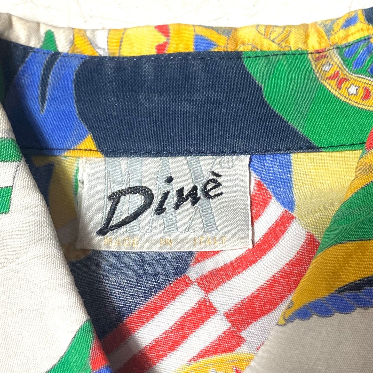 Max Dinè baroque shirt with nautical allover of flags, ropes & suns, sz 44, 1980s Italy great condition