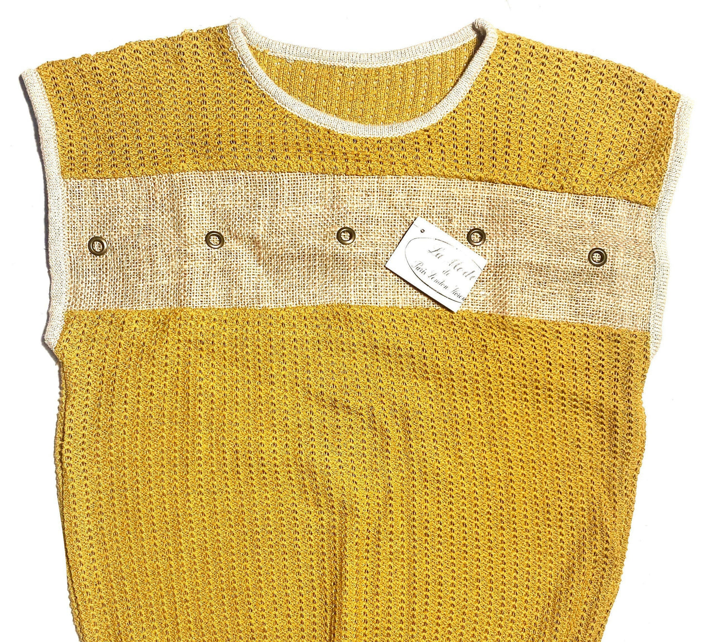 La Mode 70s NWT cotton crochet knit tank top with pierced raffia insert, super funk, mint condition