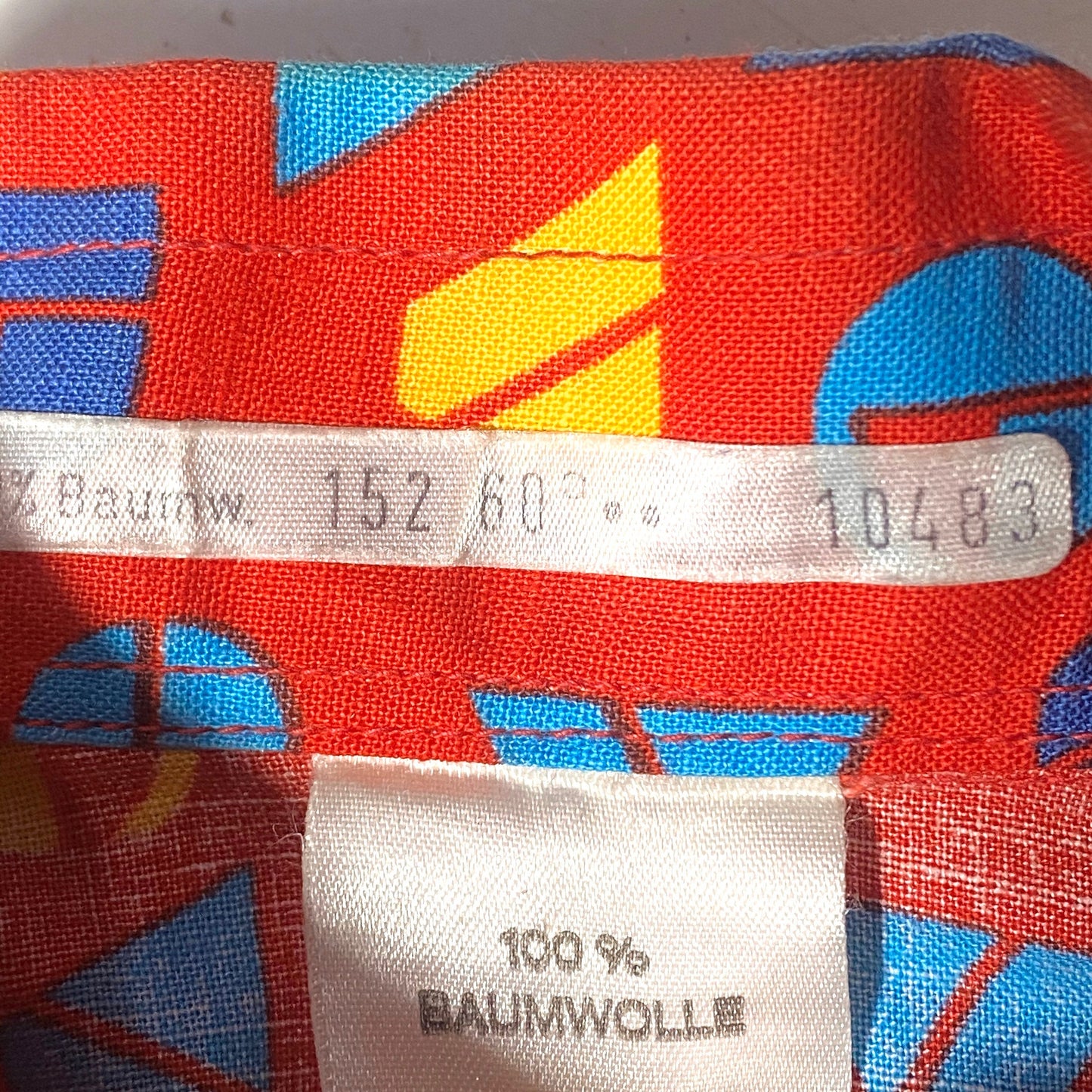 70s primary colors tapered collar shirt, red w/letters allover, kids size 152cm tall