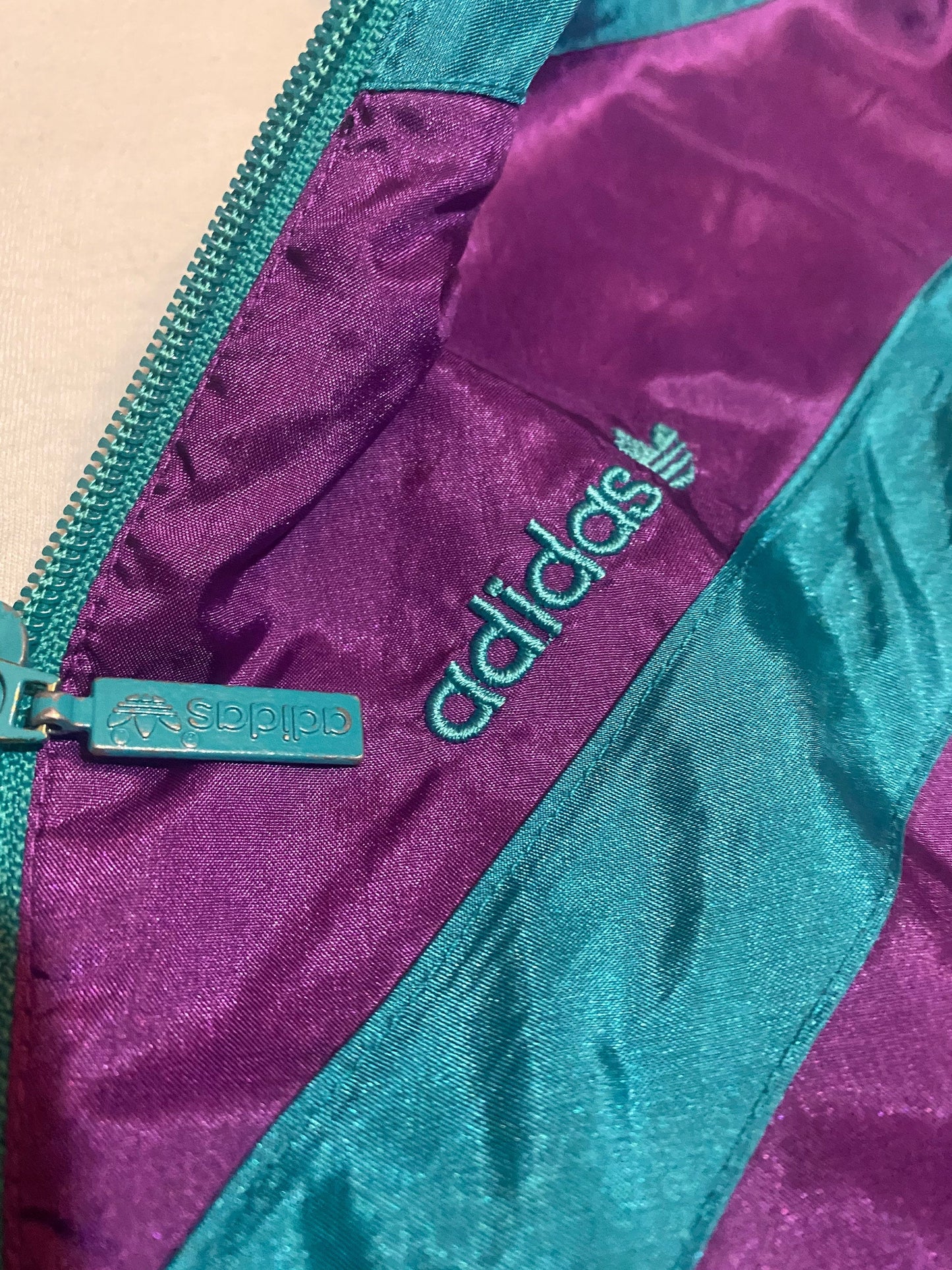 Adidas vintage black/purple/sea green geometrical patchwork windbreaker tracktop jacket, mint condition sz L
