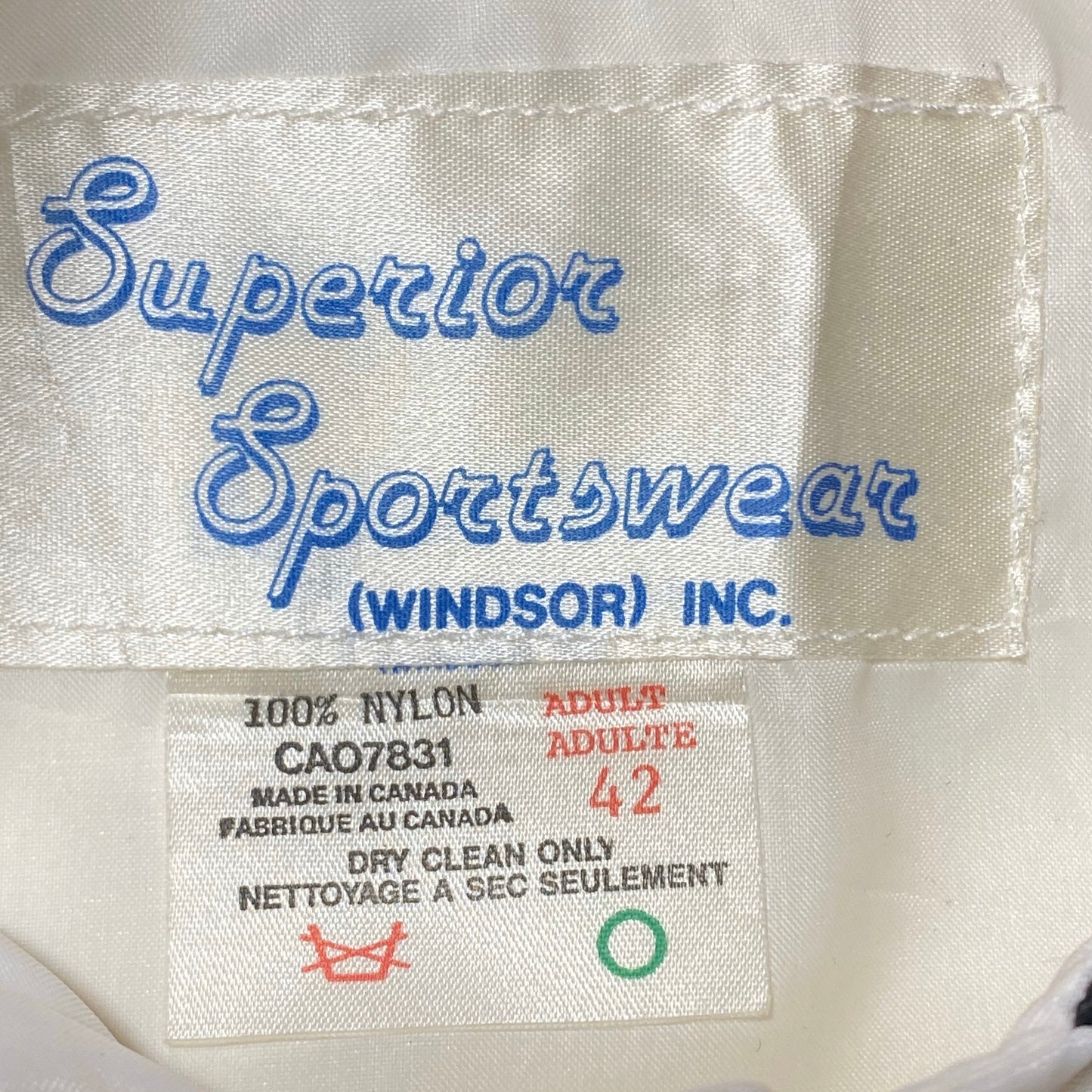 Collectible white satin varsity by Superior Sportswear x Lenco welding tools, mint condition sz M