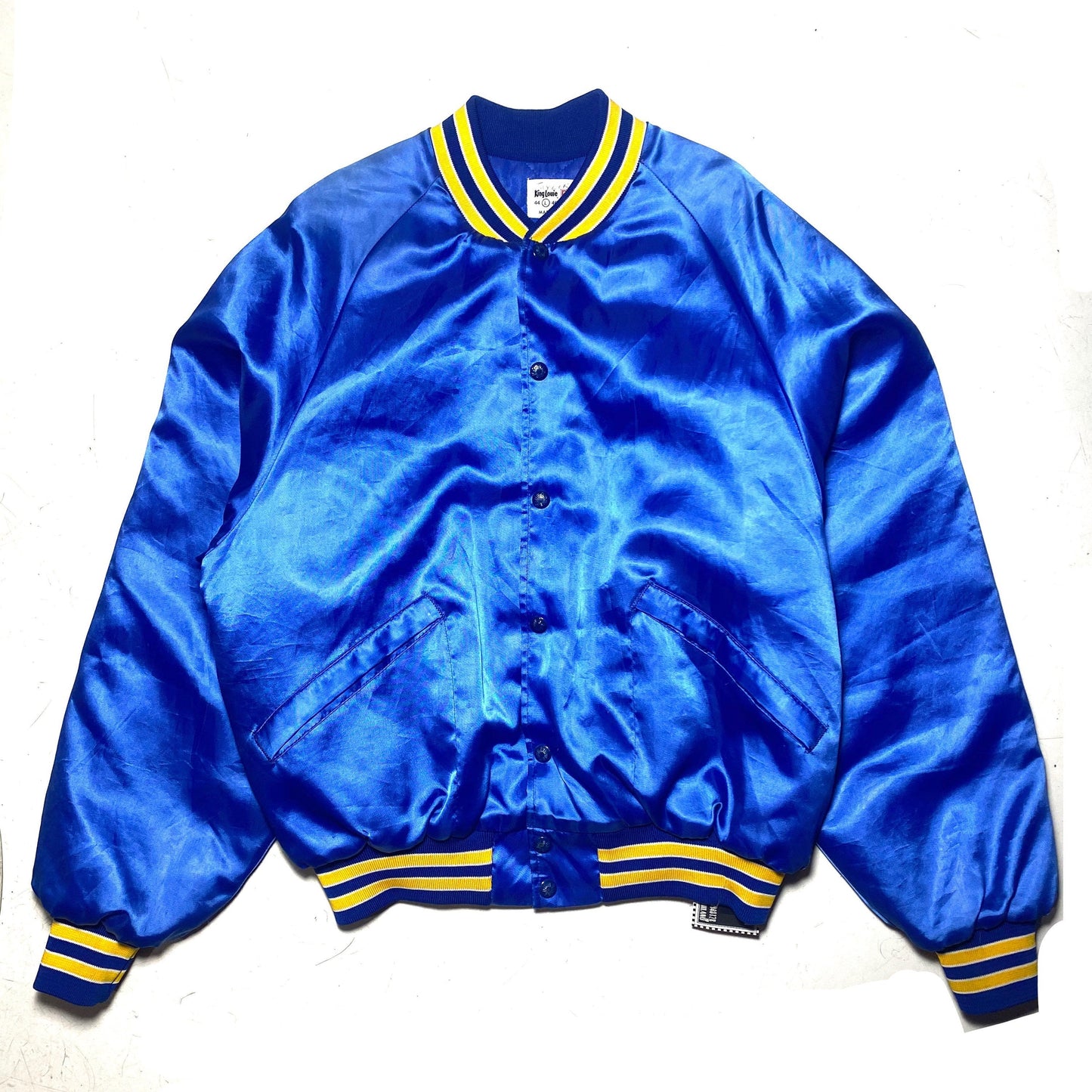 King Louie collectible blue satin varsity jacket big Van Horn Hybrids Illinois print on the back, mint sz L