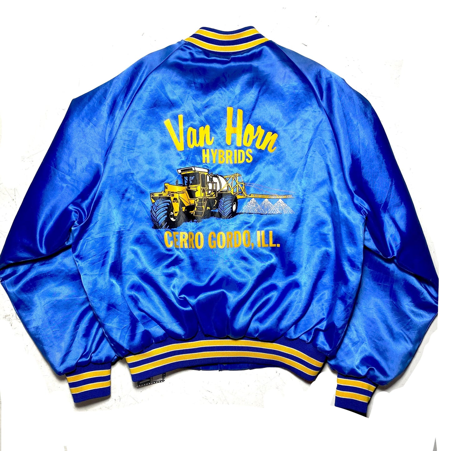 King Louie collectible blue satin varsity jacket big Van Horn Hybrids Illinois print on the back, mint sz L