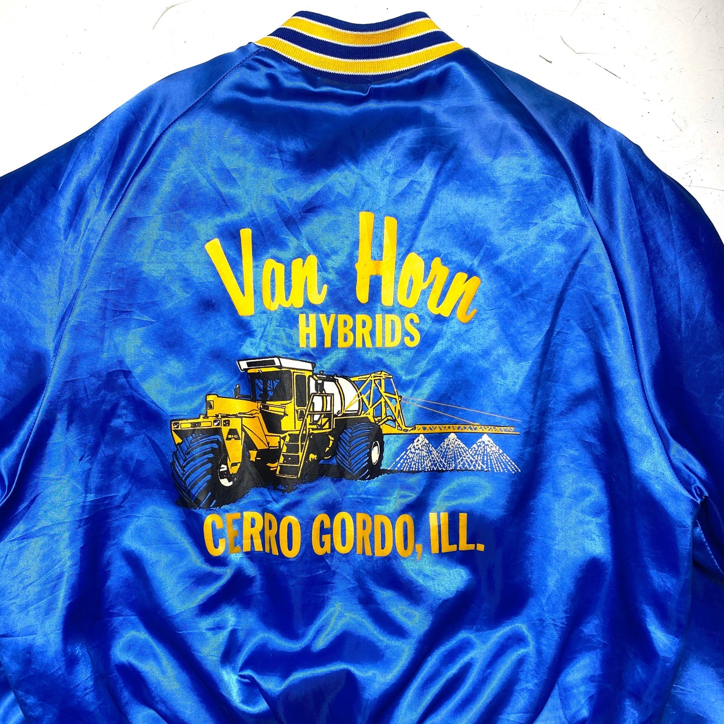 King Louie collectible blue satin varsity jacket big Van Horn Hybrids Illinois print on the back, mint sz L
