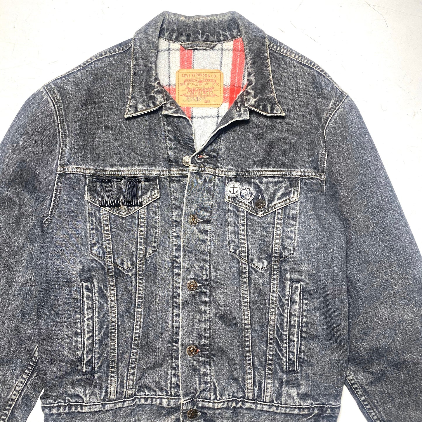 Levi’s 80s Customised grey acid wash trucker jacket with flannel lining sz L, great condition