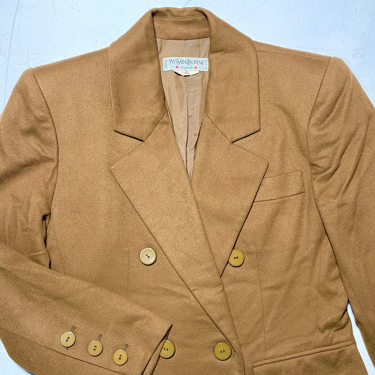 Yves Saint Laurent camel brown wool double breast ladies blazer jacket sz 42, mint condition.