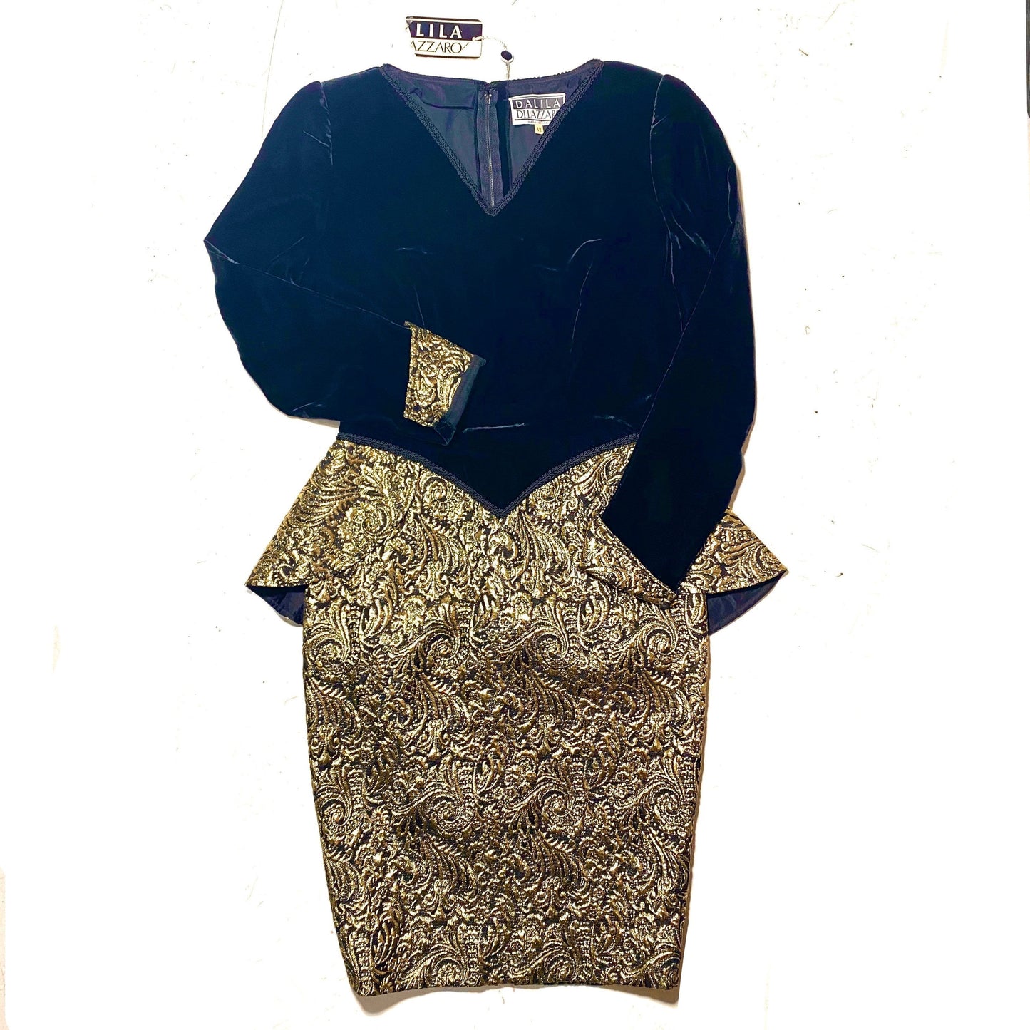 Dalila Dilazzaro NWT 80s black velvet / golden metal/wool broquade elegant evening dress, mint