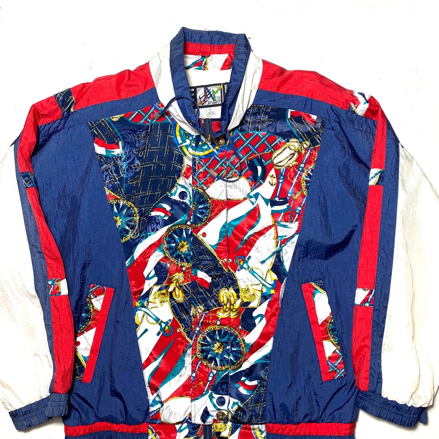 River Edge baroque nautical print windbreaker / tracktop jacket sz L, mint