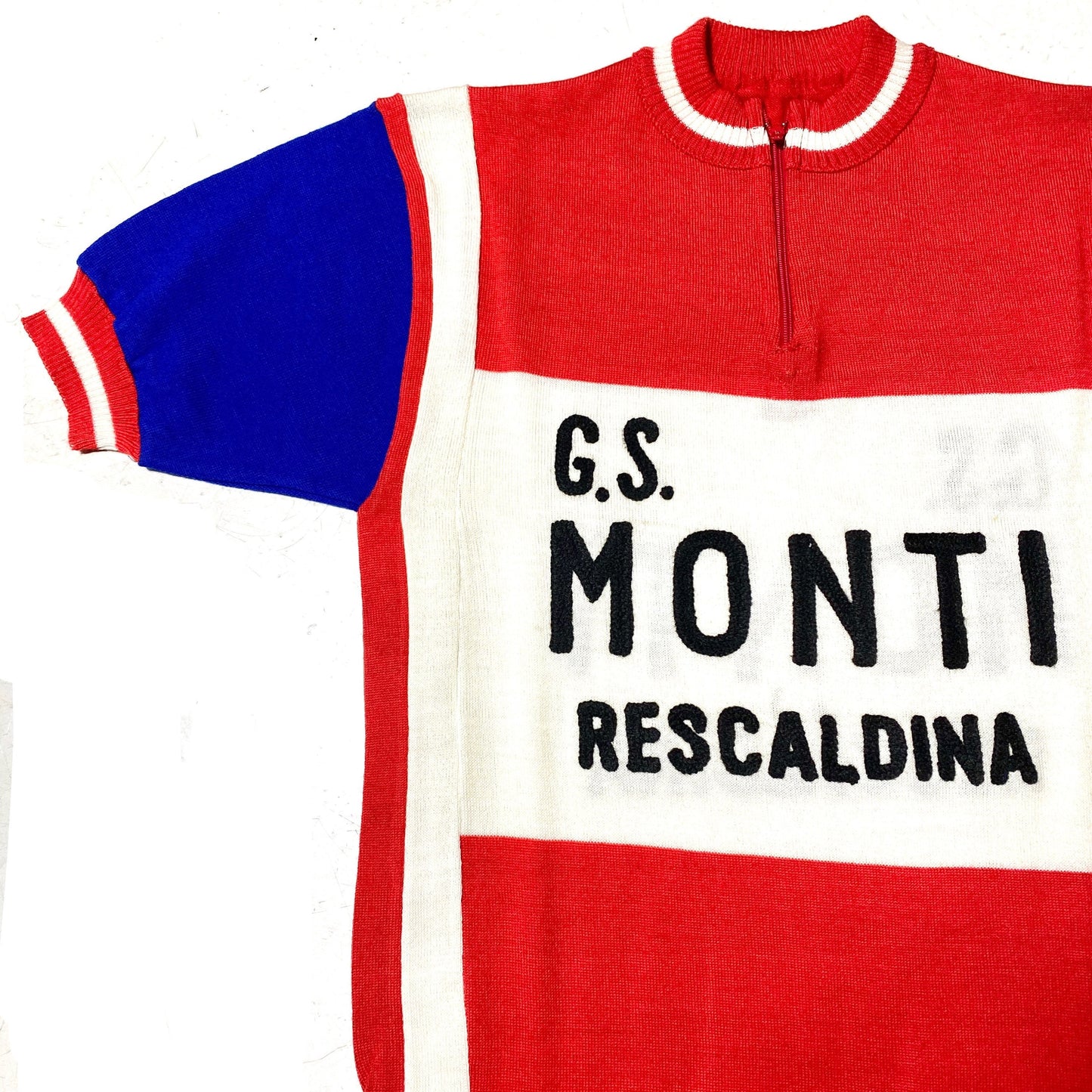 1970s Cycling Jersey GS Monti beautiful pattern blue/red/blue with appliqué lettering, mint