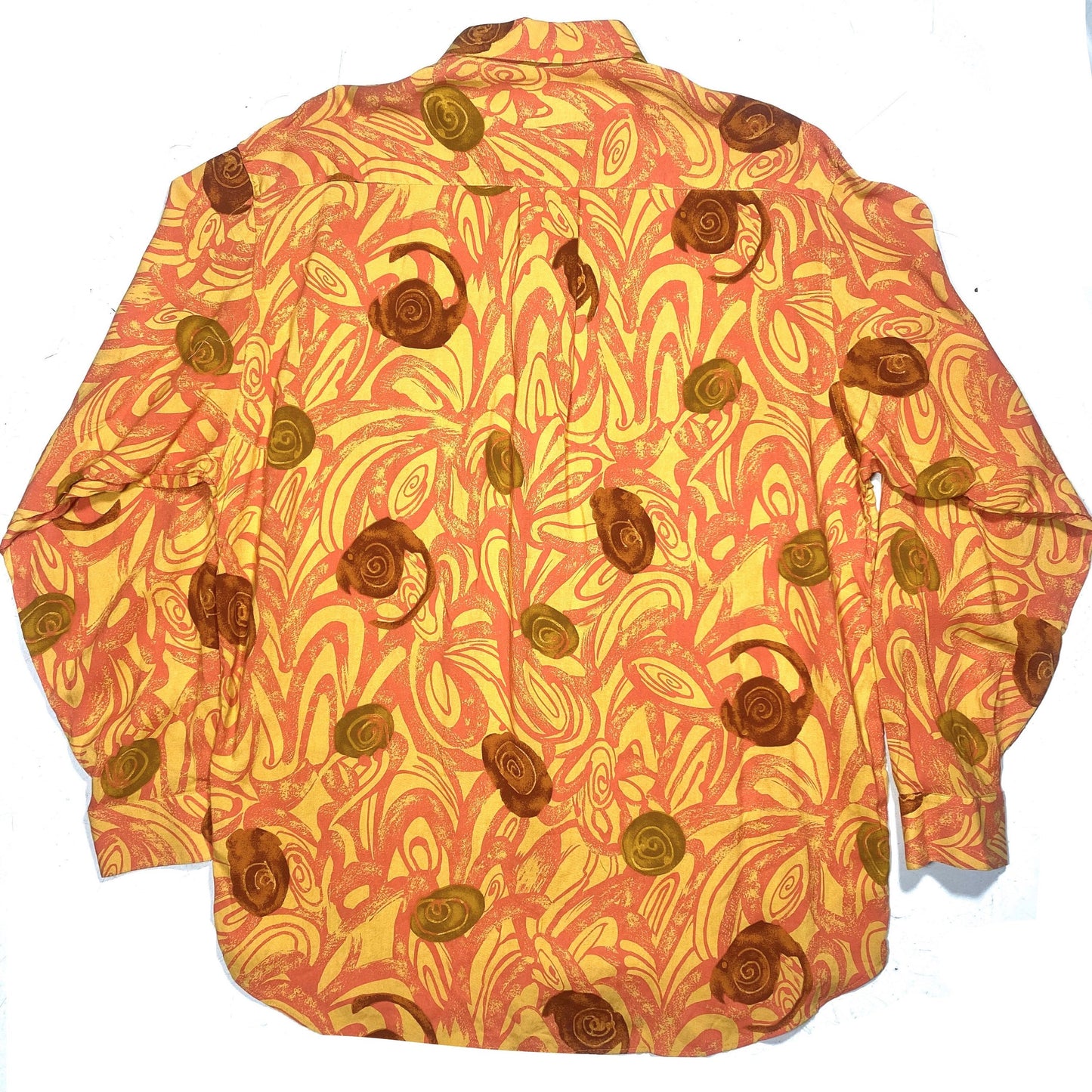 Leader abstract Ochre \ Orange / Brown tones fine viscose summer shirt, Sz S but fits more