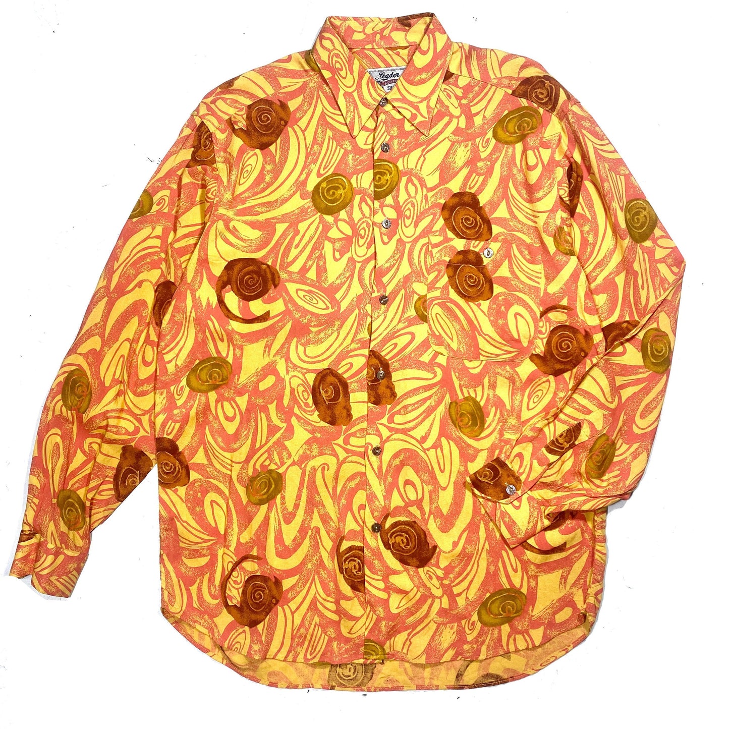 Leader abstract Ochre \ Orange / Brown tones fine viscose summer shirt, Sz S but fits more
