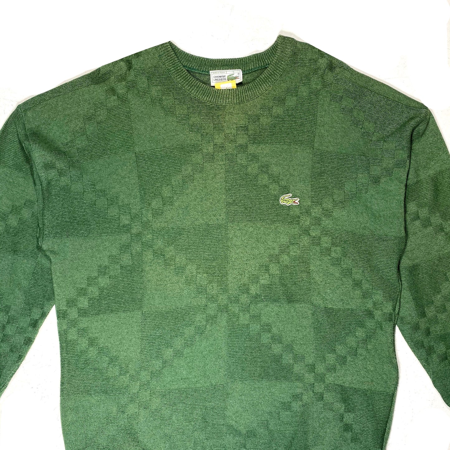 Lacoste green cotton pullover with geometrical tone on tone allover, mint condition sz 5