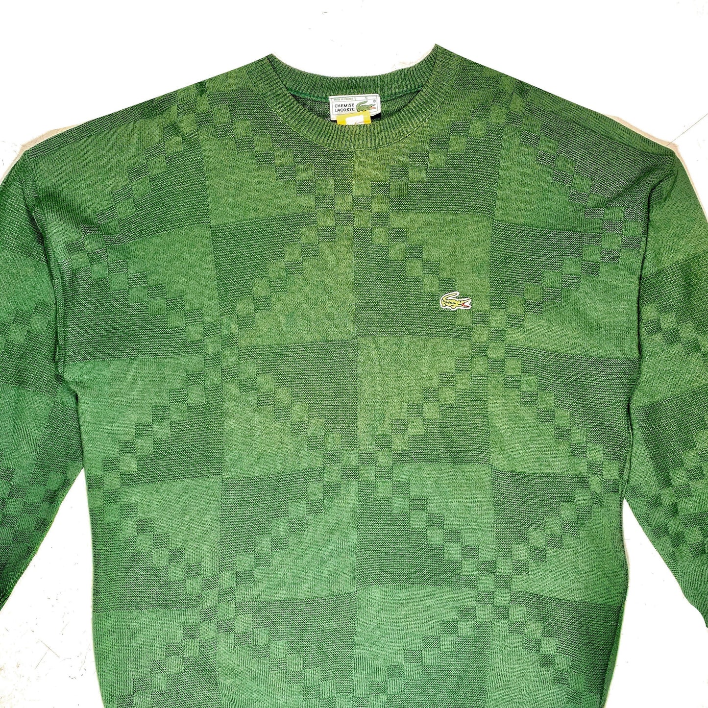 Lacoste green cotton pullover with geometrical tone on tone allover, mint condition sz 5