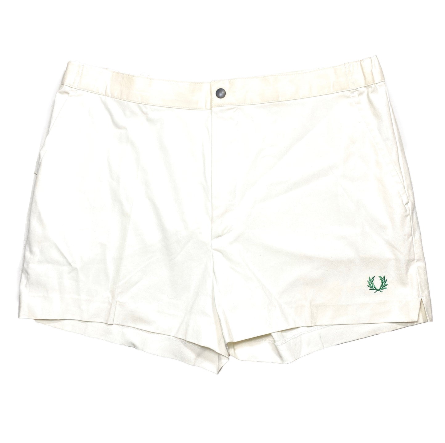 Fred Perry 1980s white tennis shorts with green logo, sz L / 54, new with tags