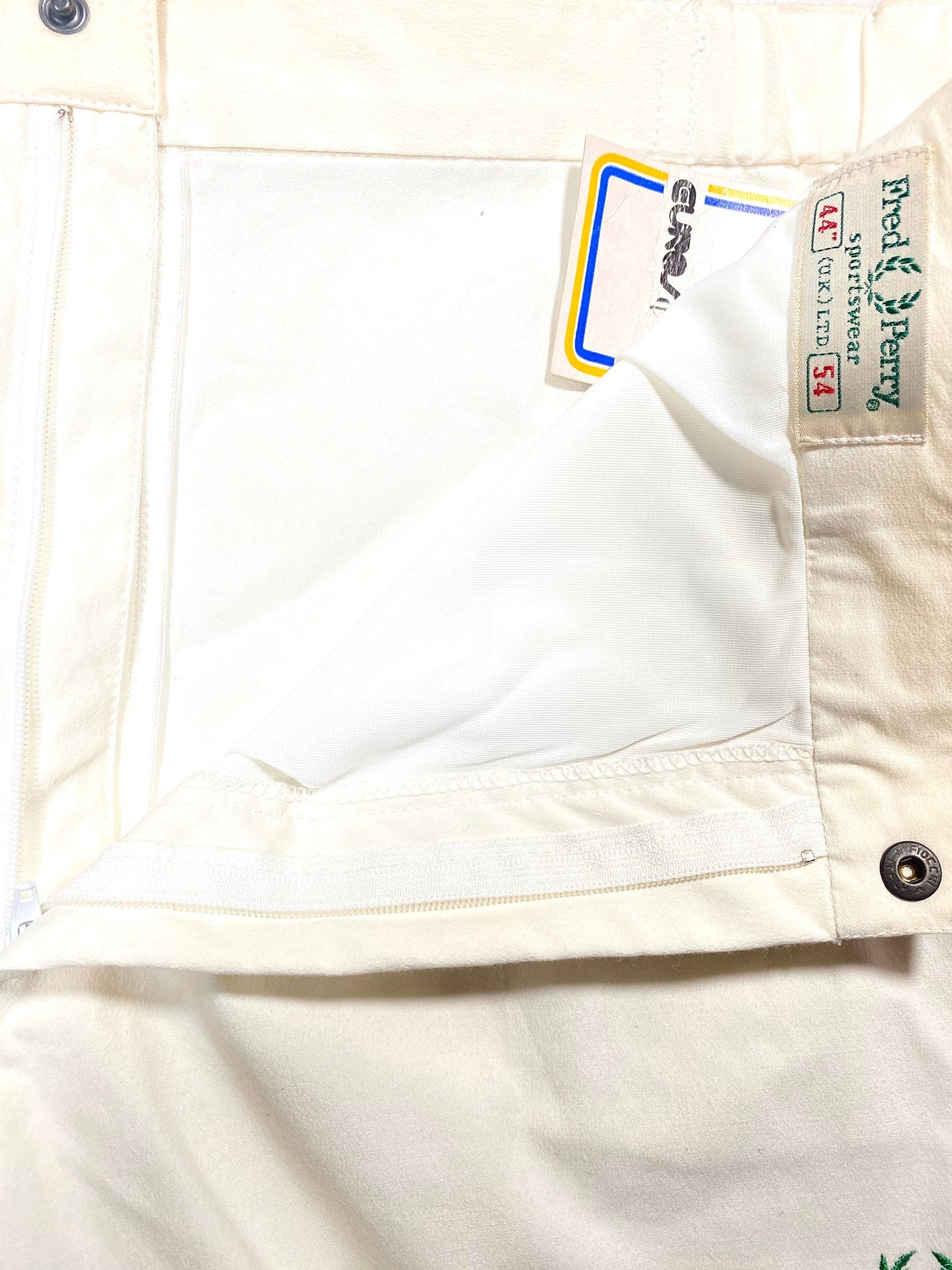 Fred Perry 1980s white tennis shorts with green logo, sz L / 54, new with tags