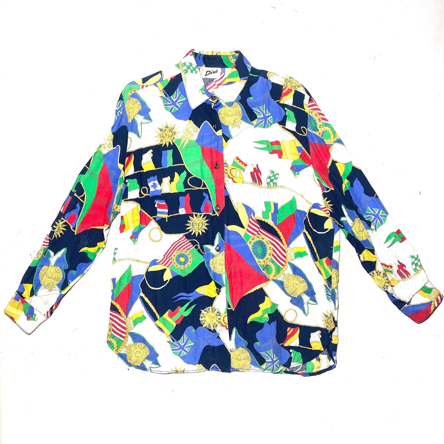 Max Dinè baroque shirt with nautical allover of flags, ropes & suns, sz 44, 1980s Italy great condition