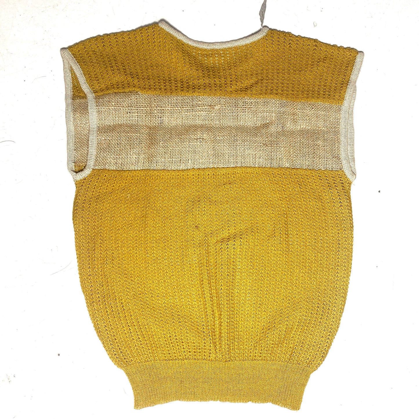 La Mode 70s NWT cotton crochet knit tank top with pierced raffia insert, super funk, mint condition